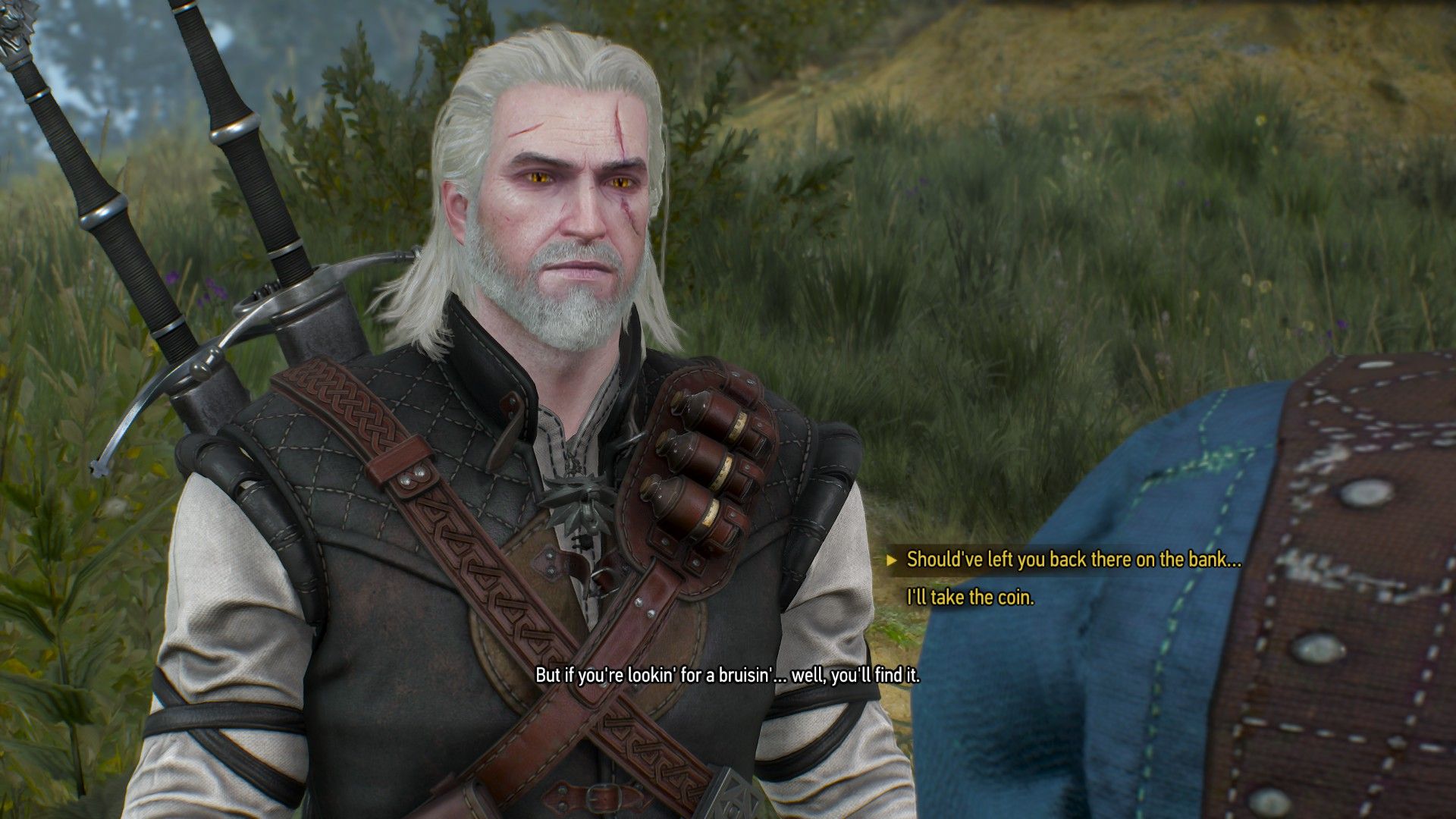 A screenshot of two dialogue options in The Witcher 3 as Geralt talks to a bandit in Velen.