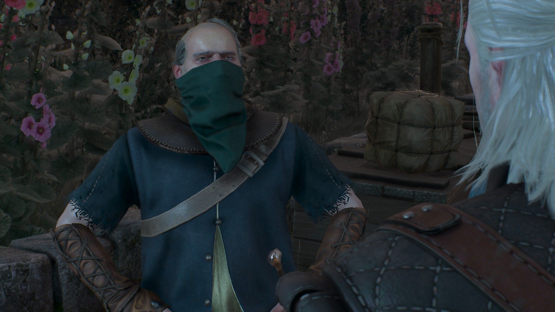 A man wearing a mask talks to Geralt by some flowers in Novigrad.