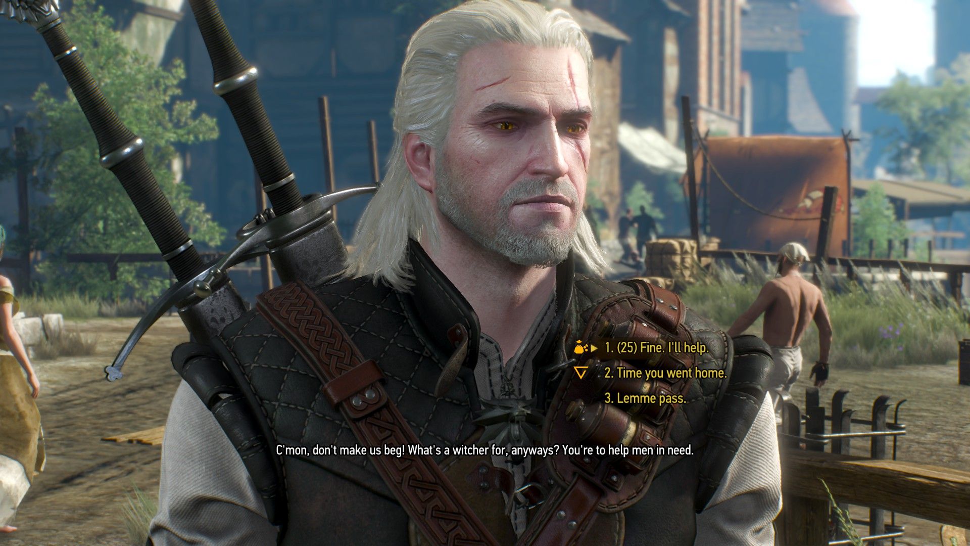 A screenshot of The Witcher 3&rsquo;s dialogue menu with three options displayed.