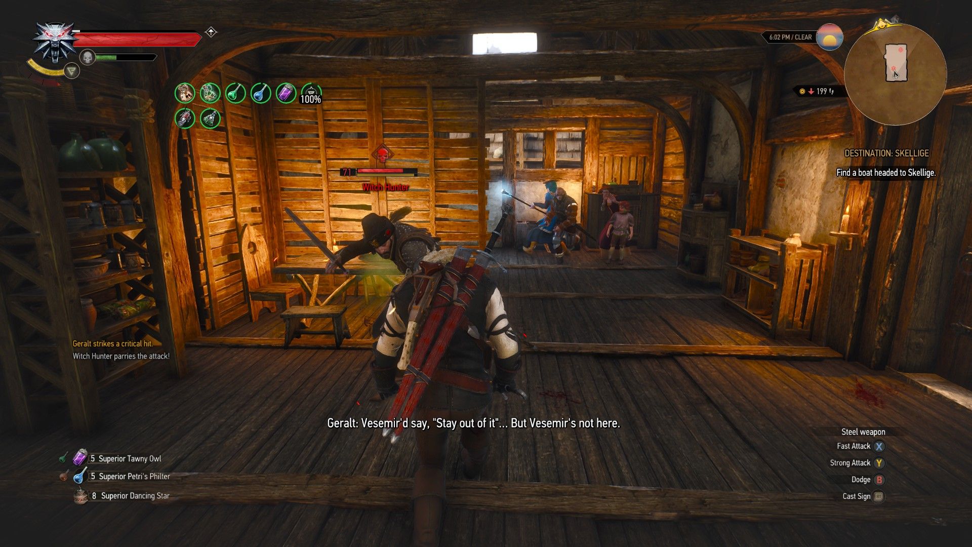 A screenshot of Geralt fighting a Witch Hunter with his opponent being significantly higher level than Geralt.