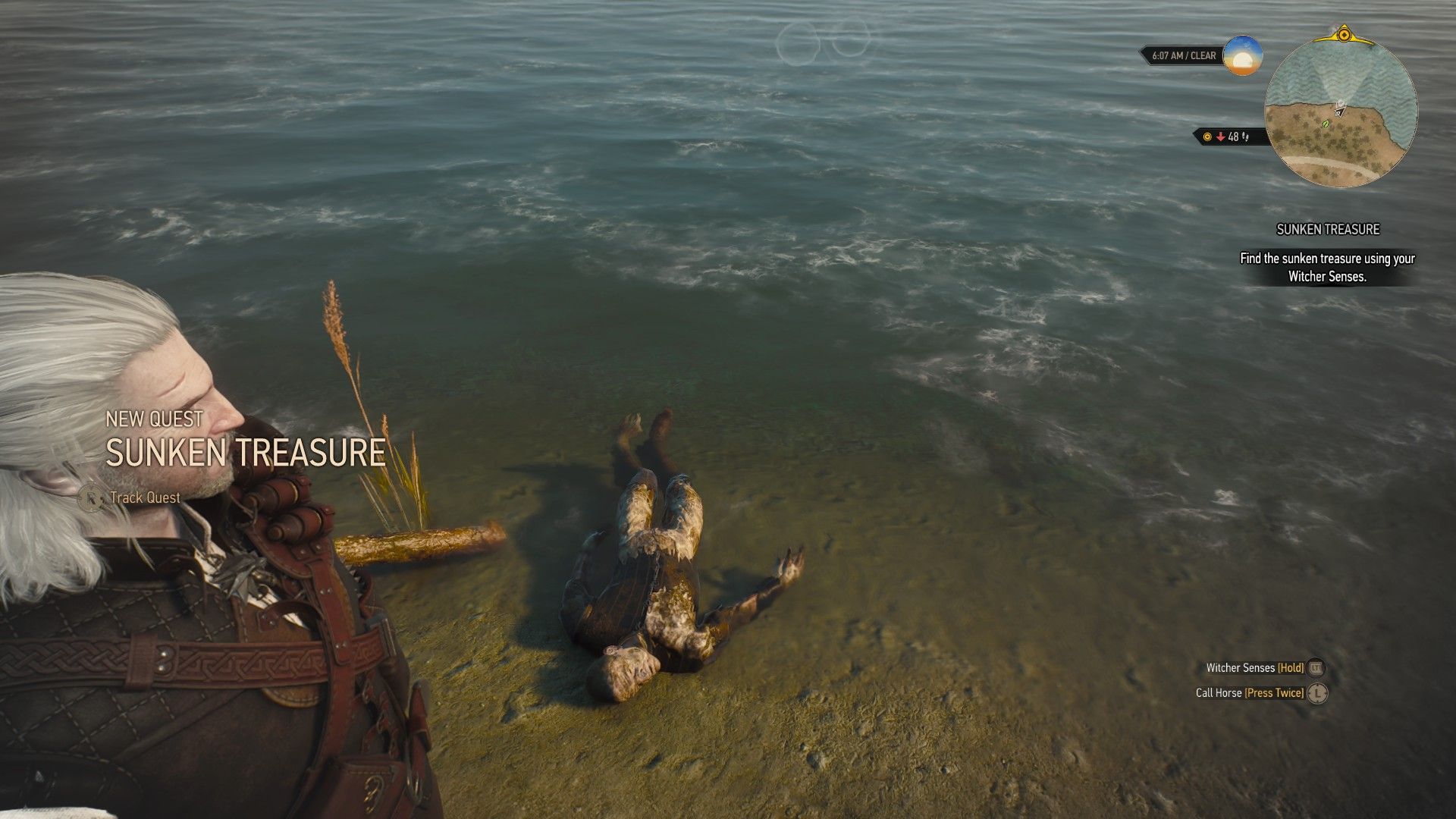 A screenshot of Geralt standing over a body on the coast of Velen.