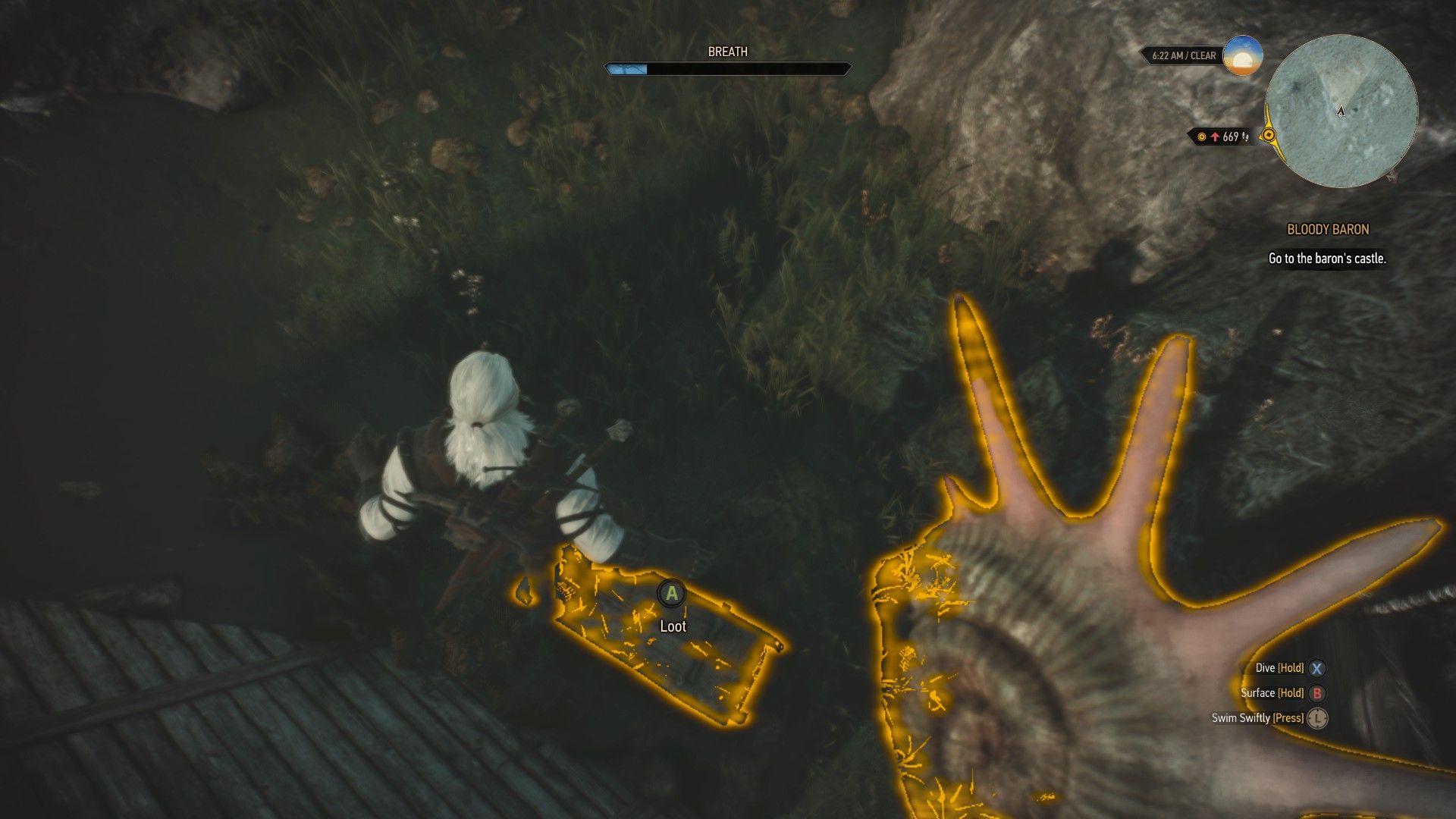 A screenshot of Geralt swimming underwater with his Witcher Senses highlighting a chest in yellow.