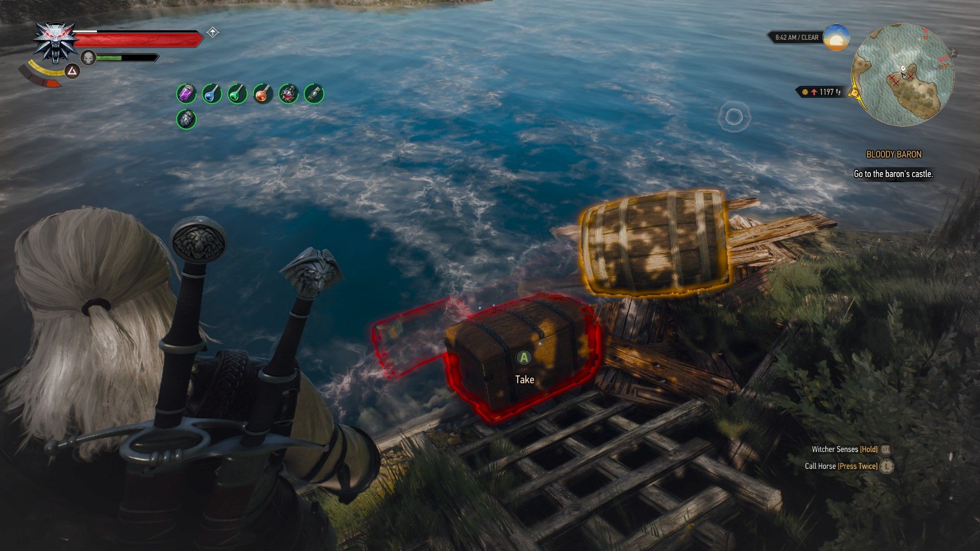 A screenshot of Geralt&rsquo;s Witcher Senses highlighting a chest in red.