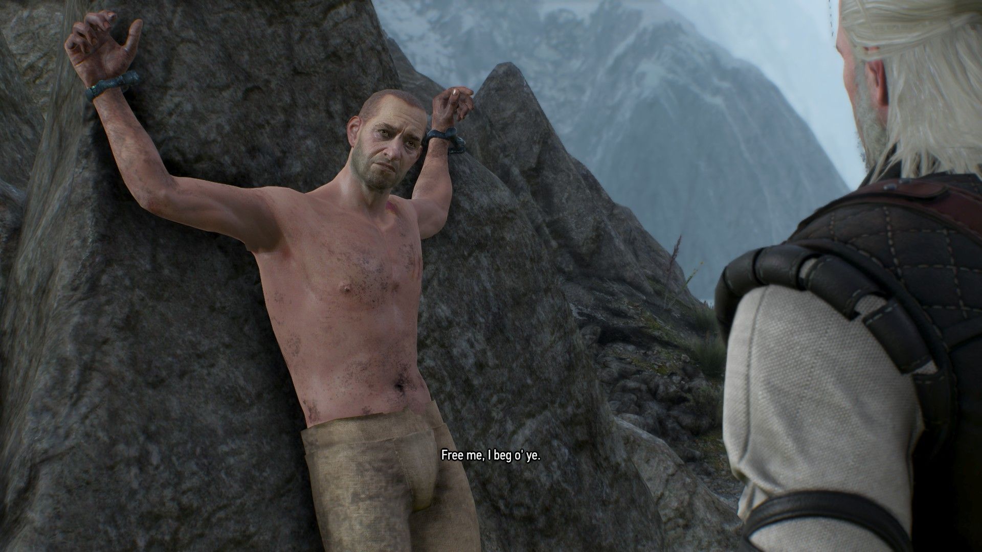 A bald man shackled to a rock begs Geralt for help on Skellige&rsquo;s coast.