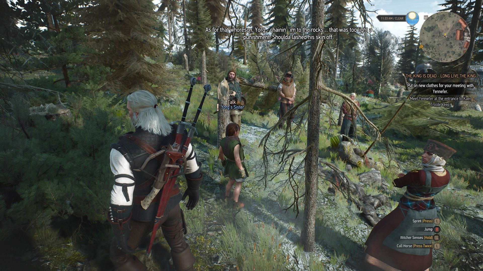 Geralt stands next to a young girl as her family defames her brother at a funeral in Skellige.