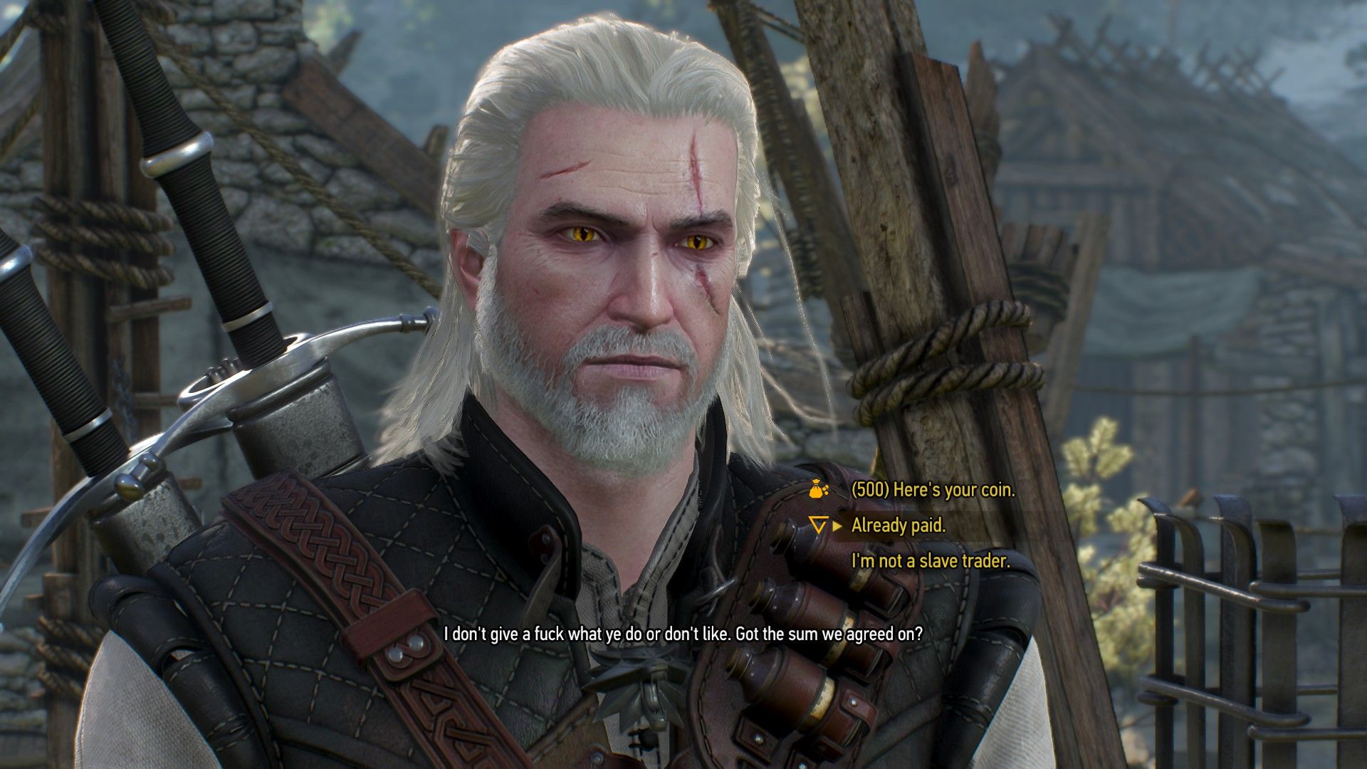 A screenshot of dialogue options with three ways to navigate a situation in The Witcher 3.