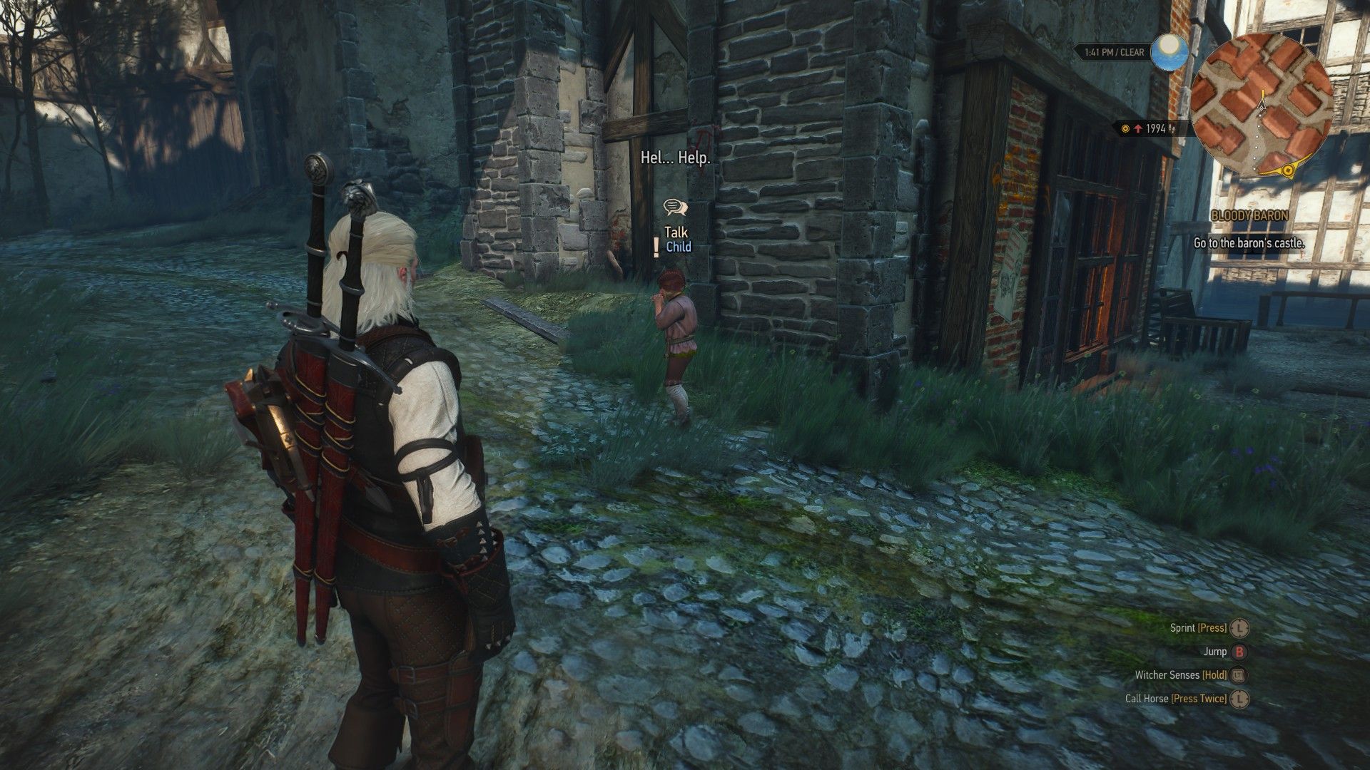 A screenshot of Geralt standing near a crying child in a street in Novigrad.