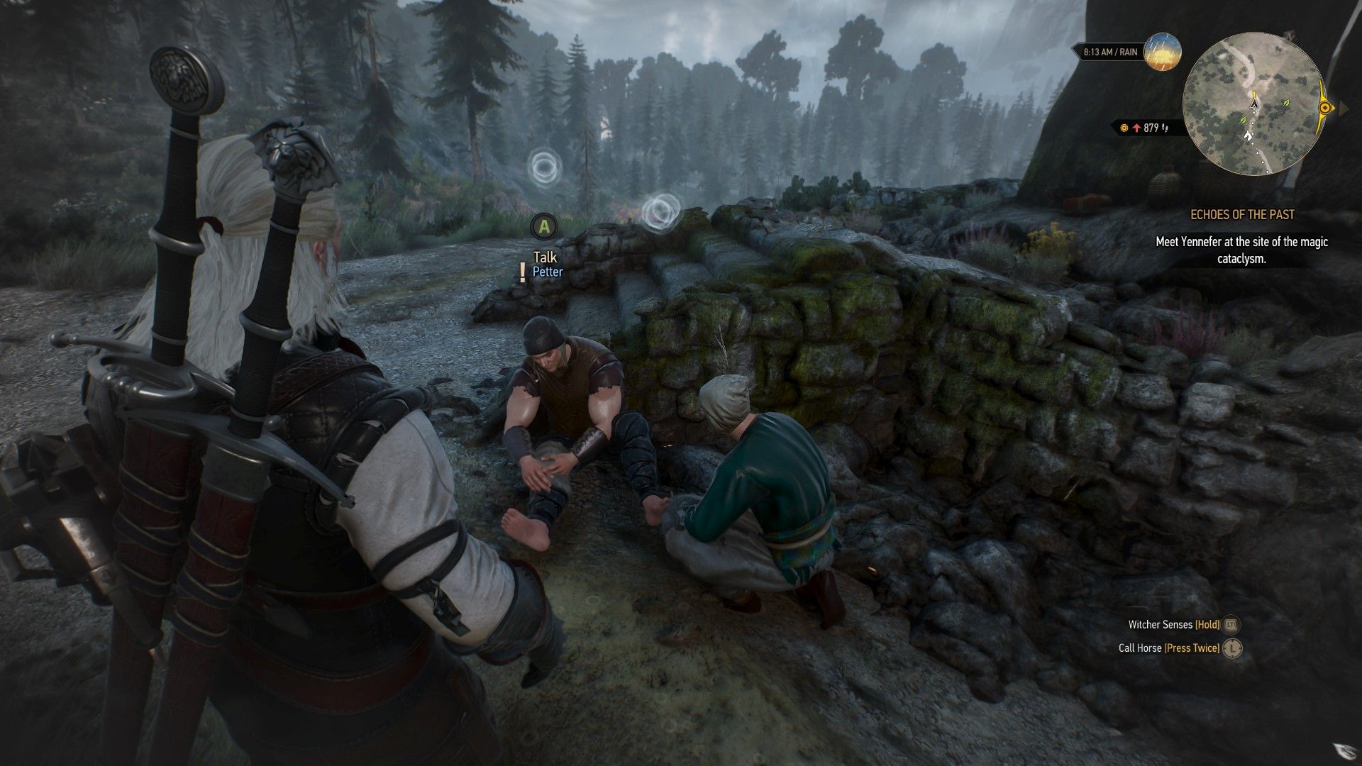A screenshot of Geralt standing near a wounded man who had recently fallen off a tall monument in Skellige.