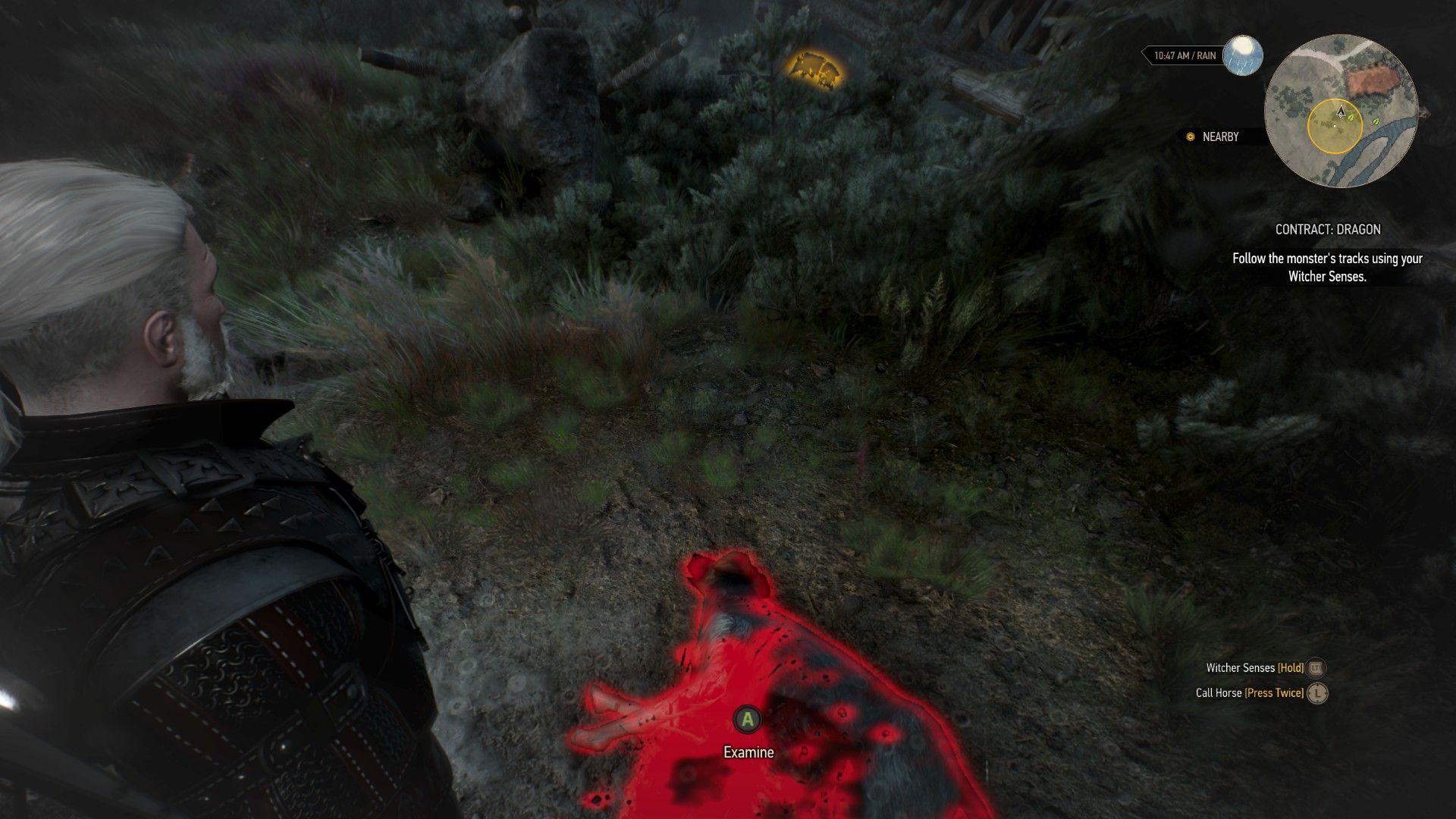A screenshot of Geralt&rsquo;s Witcher Senses highlighting a dog&rsquo;s corpse in red.
