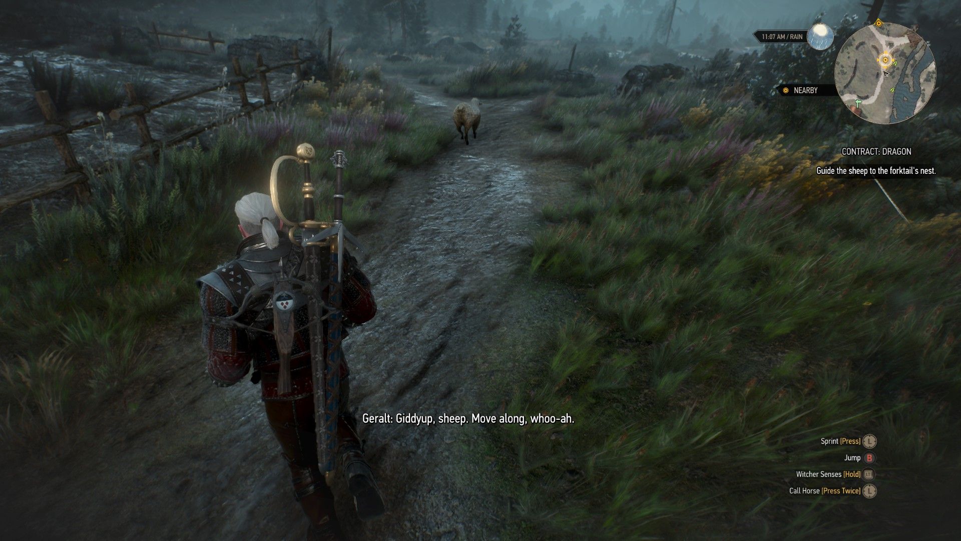 A screenshot of Geralt jogging after a sheep through a muddy road in Skellige.