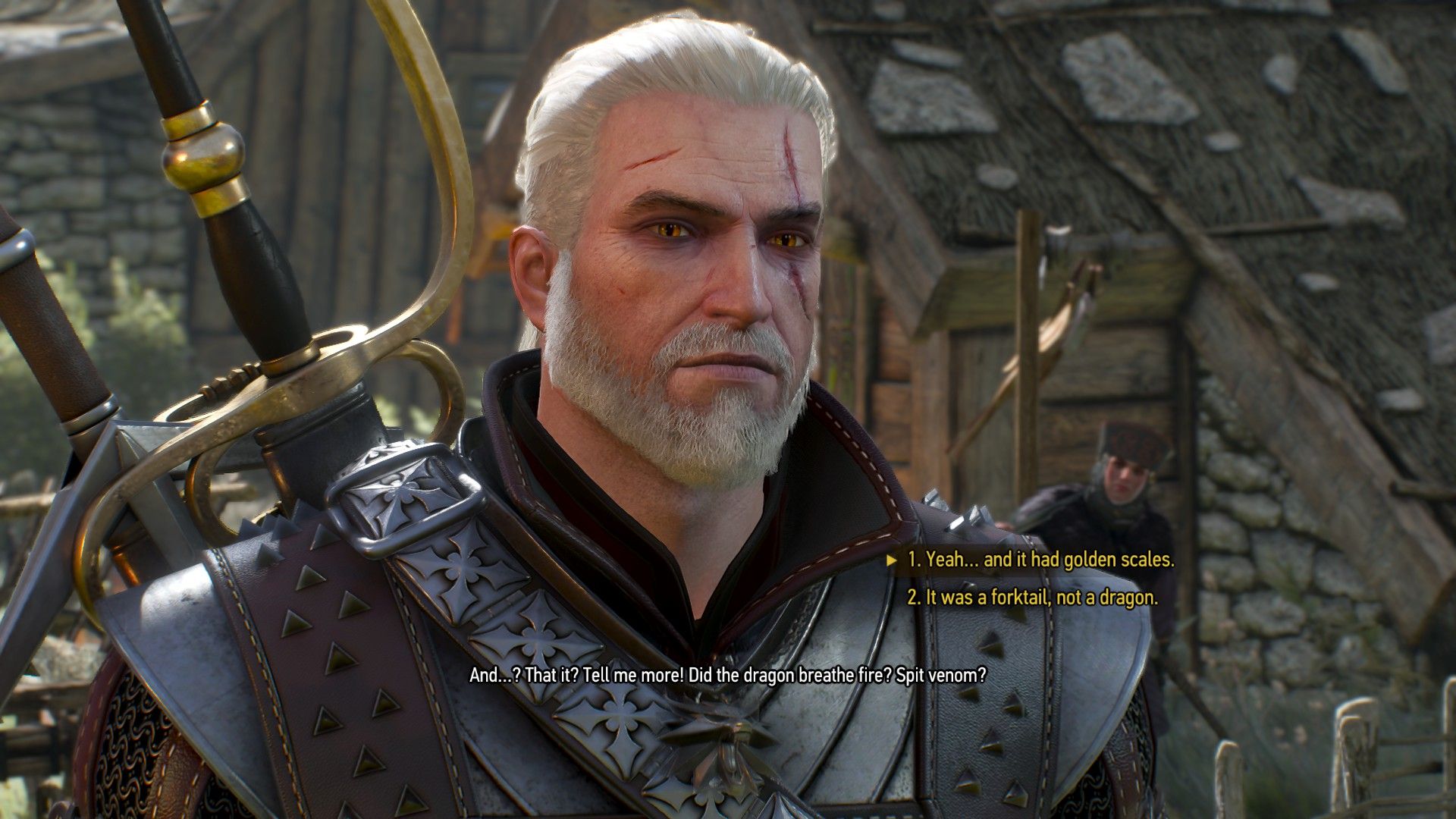 A screenshot of The Witcher 3&rsquo;s dialogue options with two possibilities for Geralt to select.