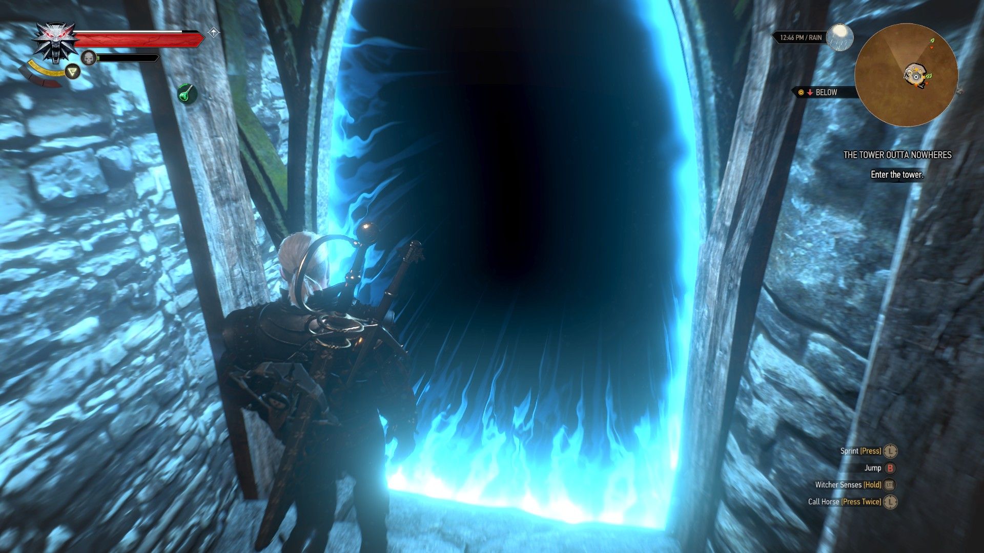 A screenshot of Geralt standing in front of a bright blue portal inside a magic tower.