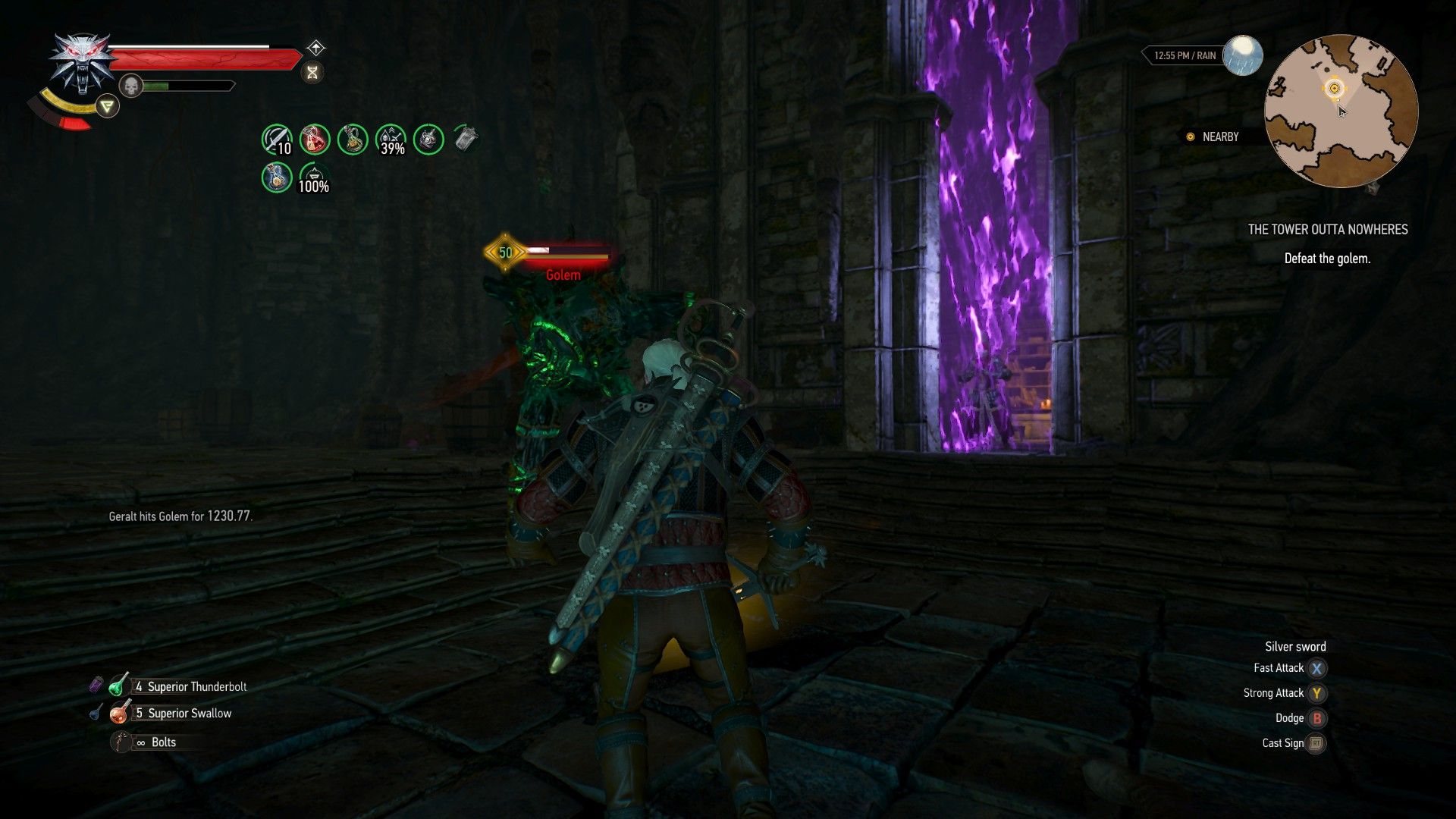 A screenshot of Geralt fighting a large golem in a dark cave.