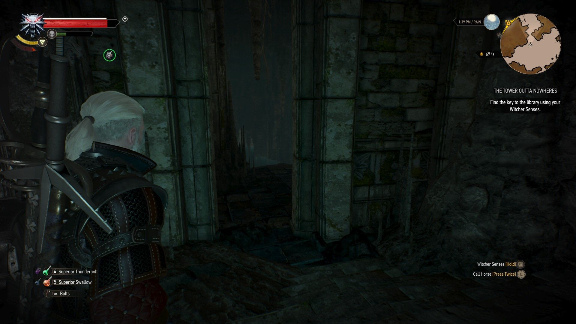 A screenshot of Geralt standing in front of an open archway leading to a flooded tunnel.