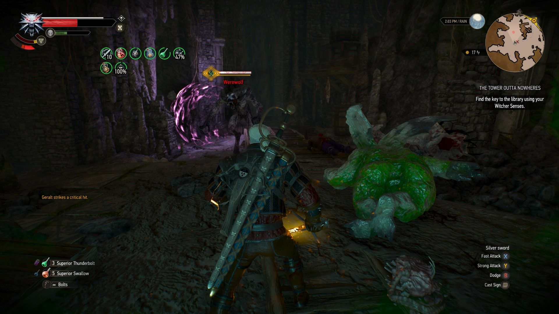A screenshot of Geralt fighting a werewolf in a dark cave with the collapsed body of a gargoyle next to him.