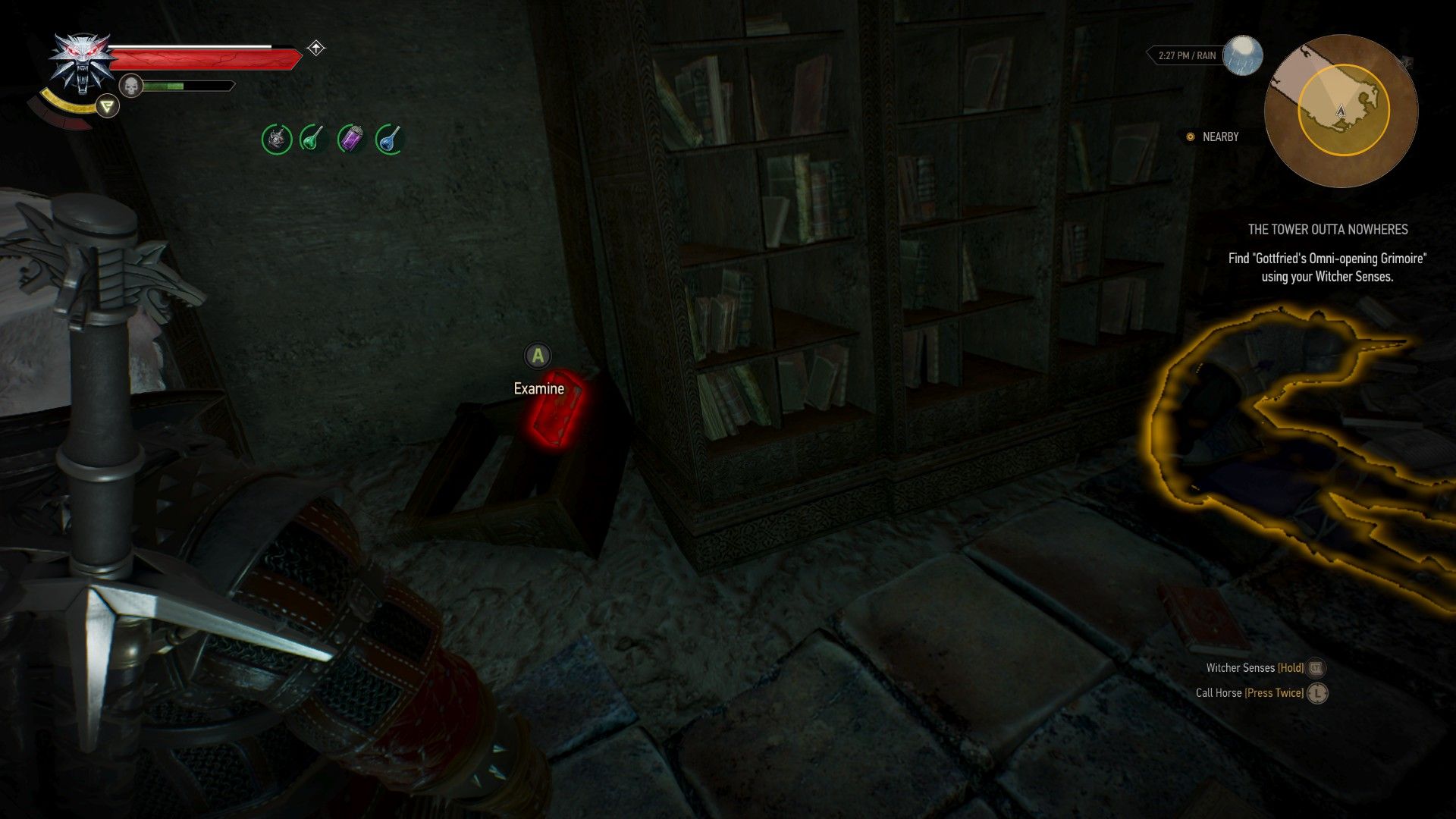 A screenshot of an underground library with Geralt&rsquo;s Witcher Senses highlighting a relevant book.