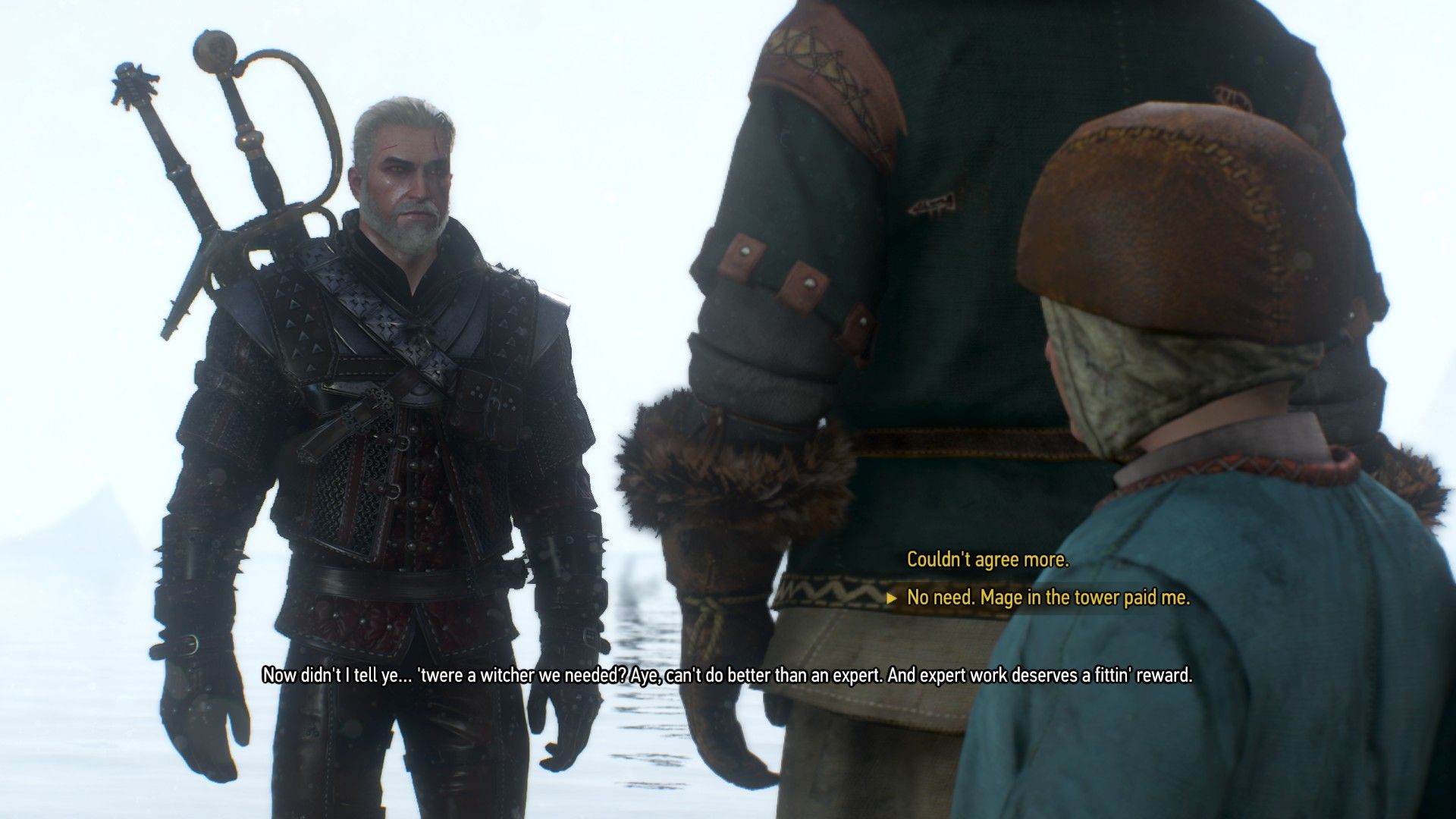 A screenshot of Geralt talking to an old man by the coast with two dialogue options avaliable.