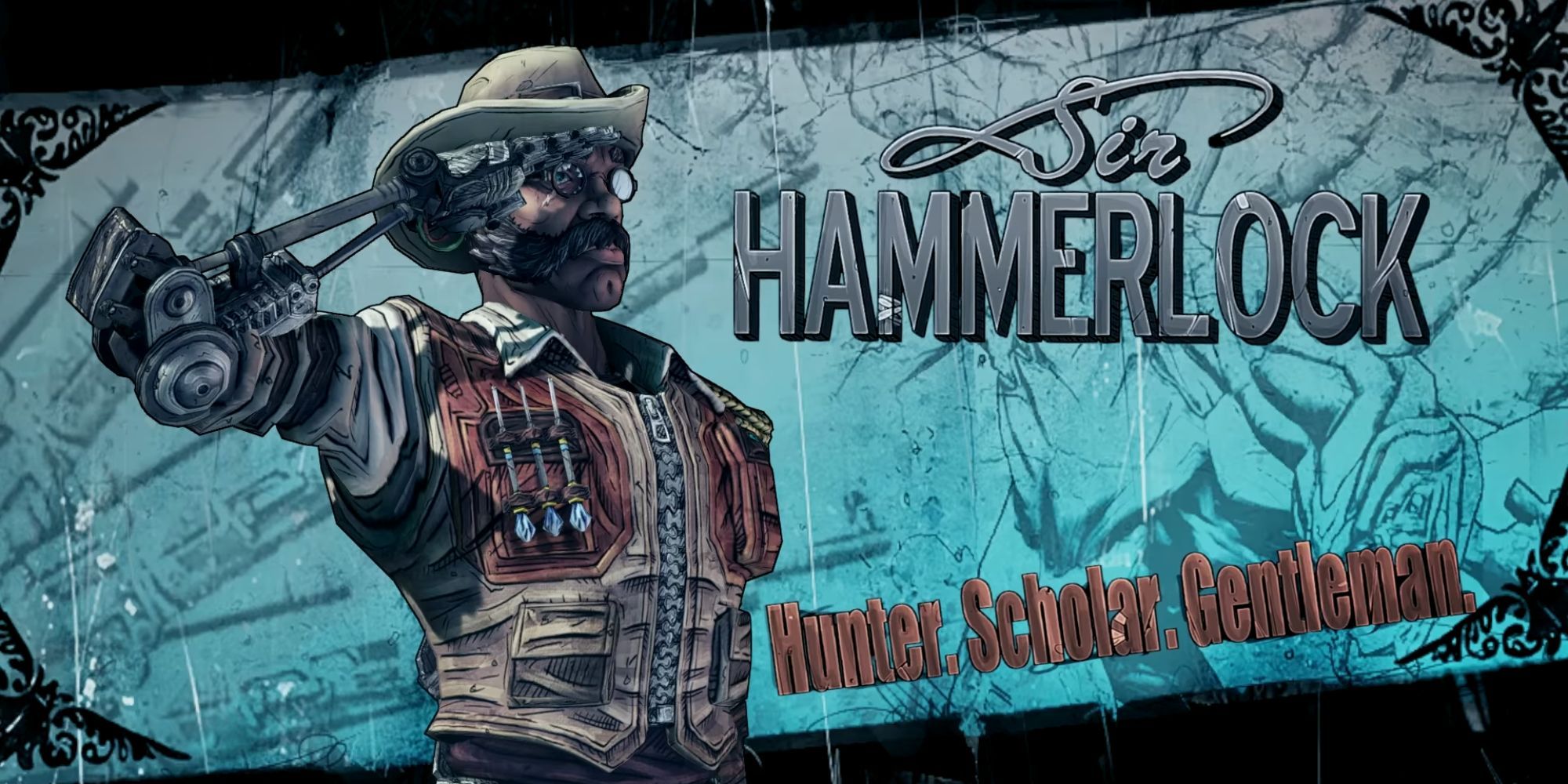 Sir Hammerlock doing a salute as his Character Title screen describes him as hunter, scholar, and gentleman