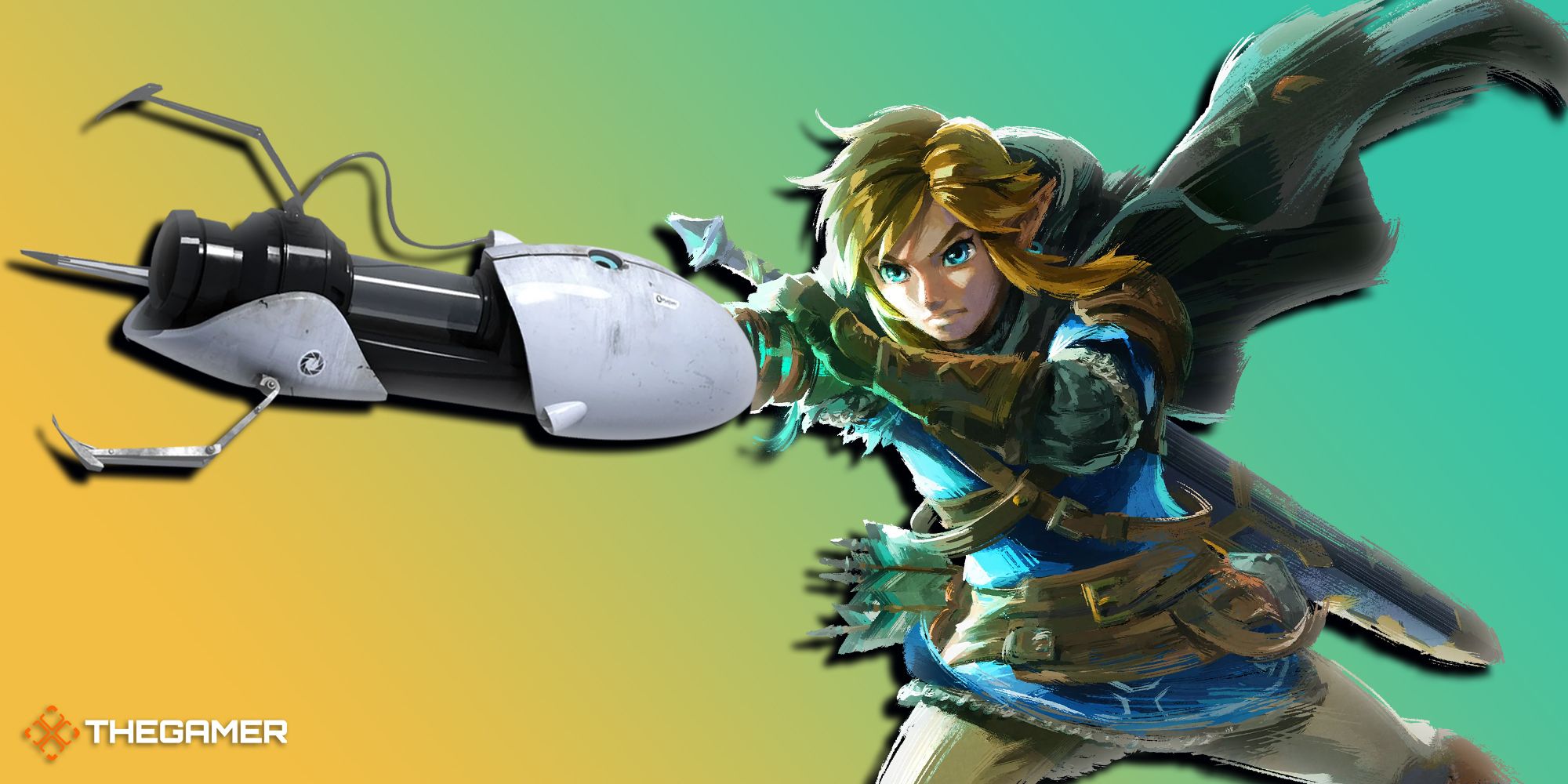 The Legend of Zelda: Tears of the Kingdom's Link with a Portal gun on this arm