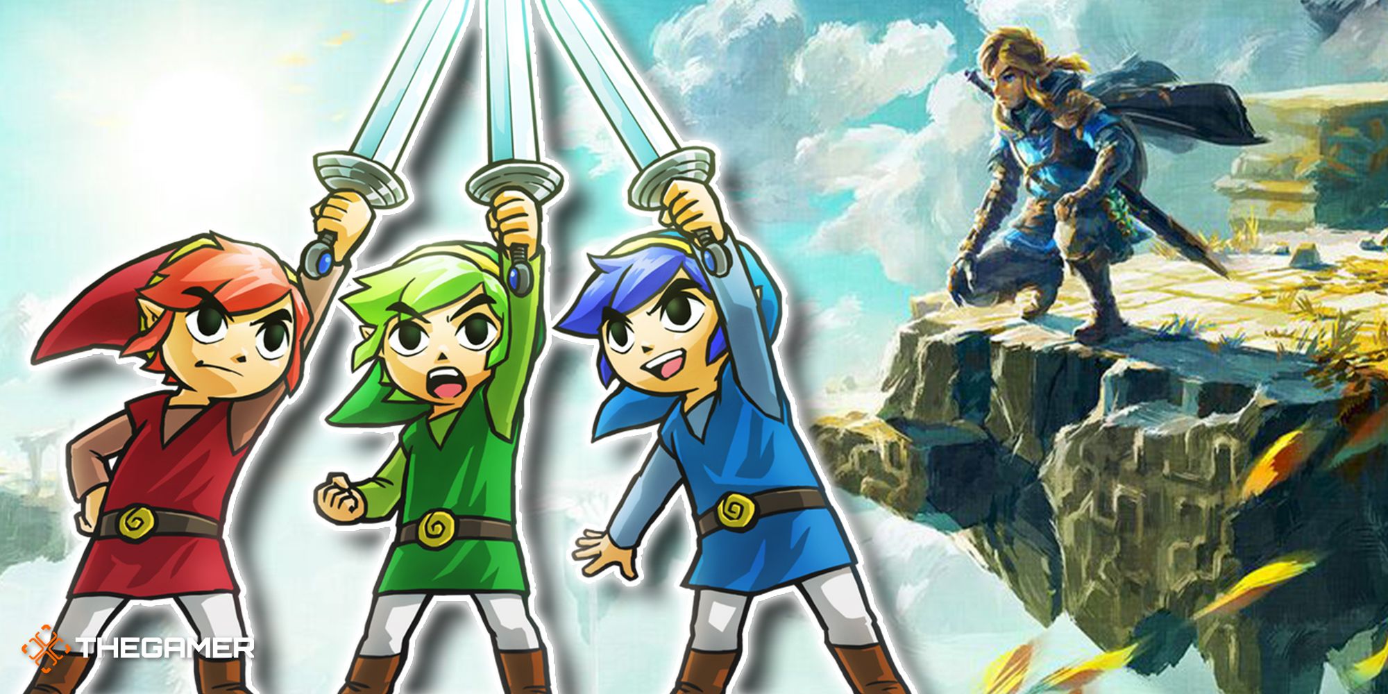 A red Link, a green Link, and a blue Link from Tri Force Heroes on the left and Link from TOTK on the right.