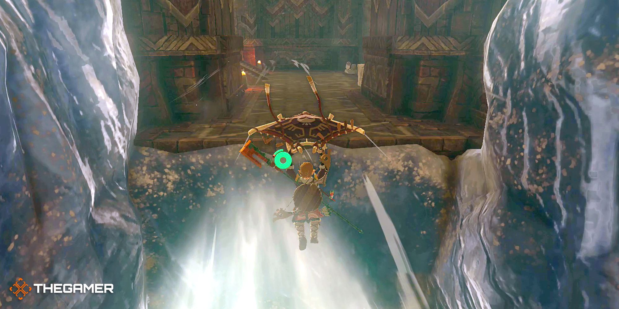 Link gliding to the Wind Temple in TOTK