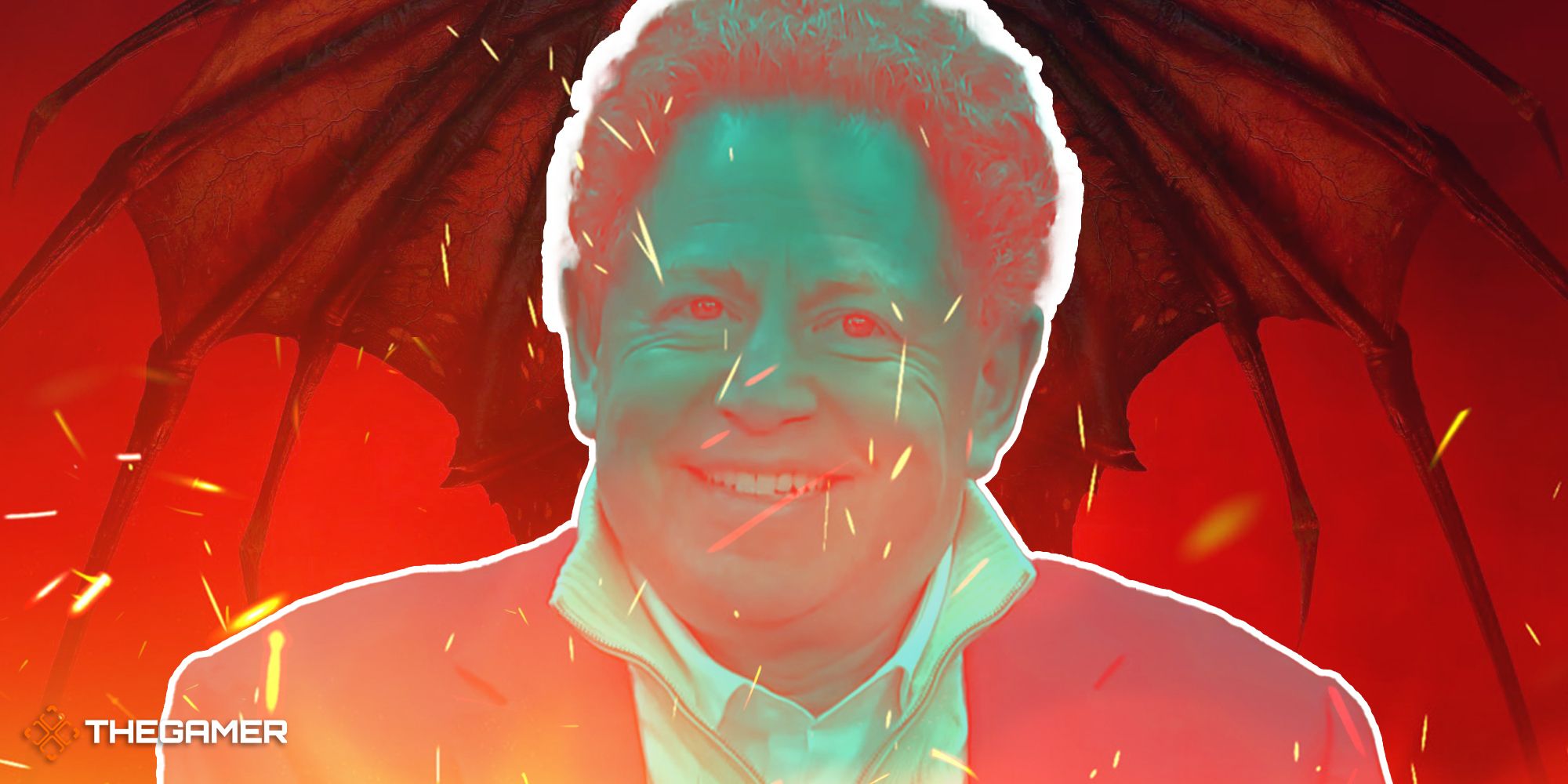 Bobby Kotick with Diablo 4 wings and flames