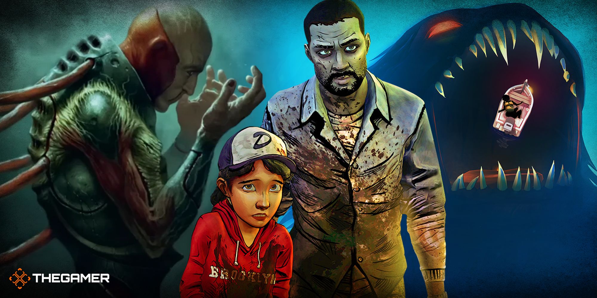 Game art from Scorn, Sea Of Solitude and The Walking Dead The Complete First Season.