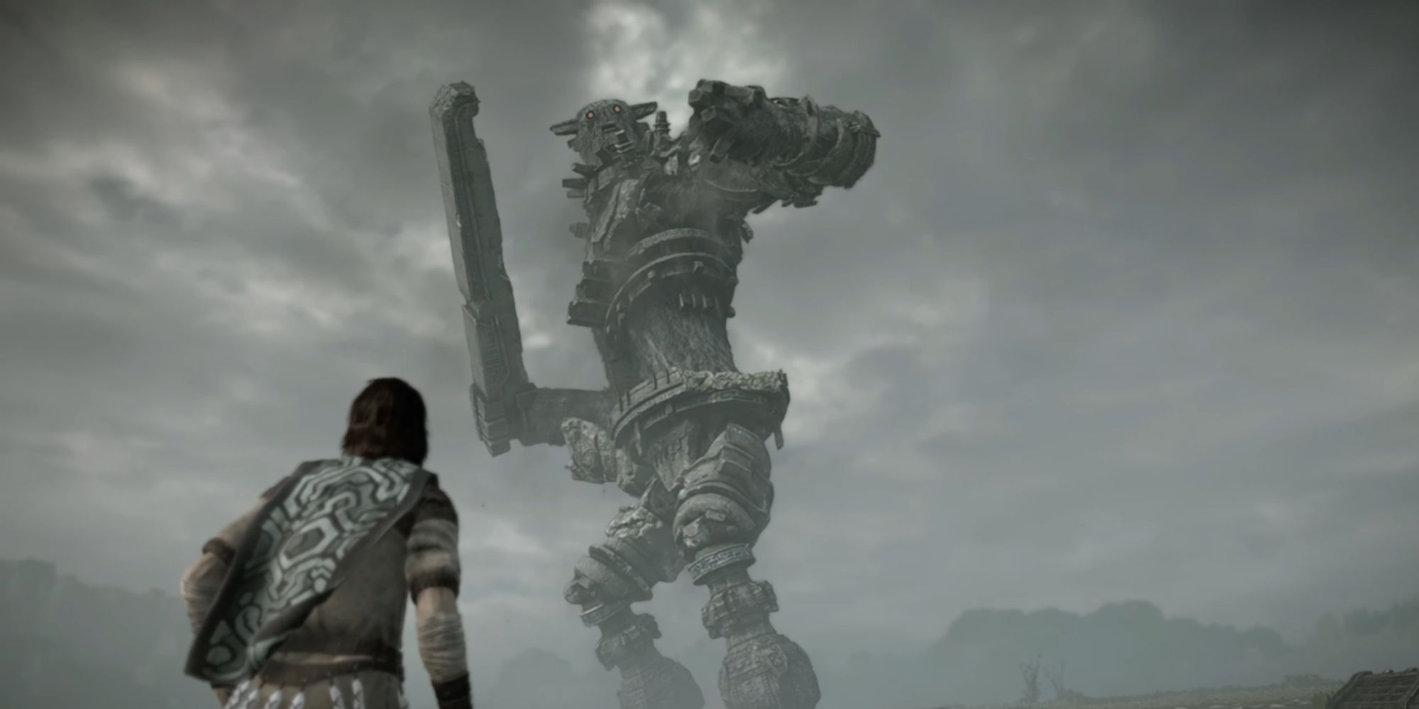 Wander faces the Knight Colossus as it starts swinging its rock "sword" in Shadow Of The Colossus.