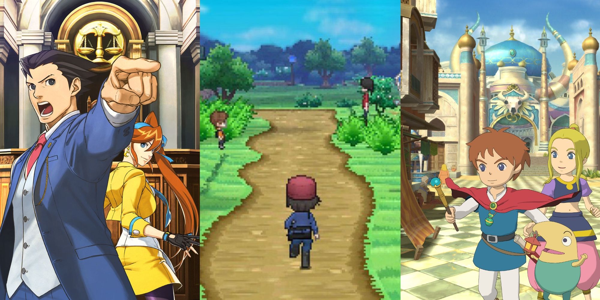 Collagebild av Phoenix Wright, Pokémon och Ni No Kuni.