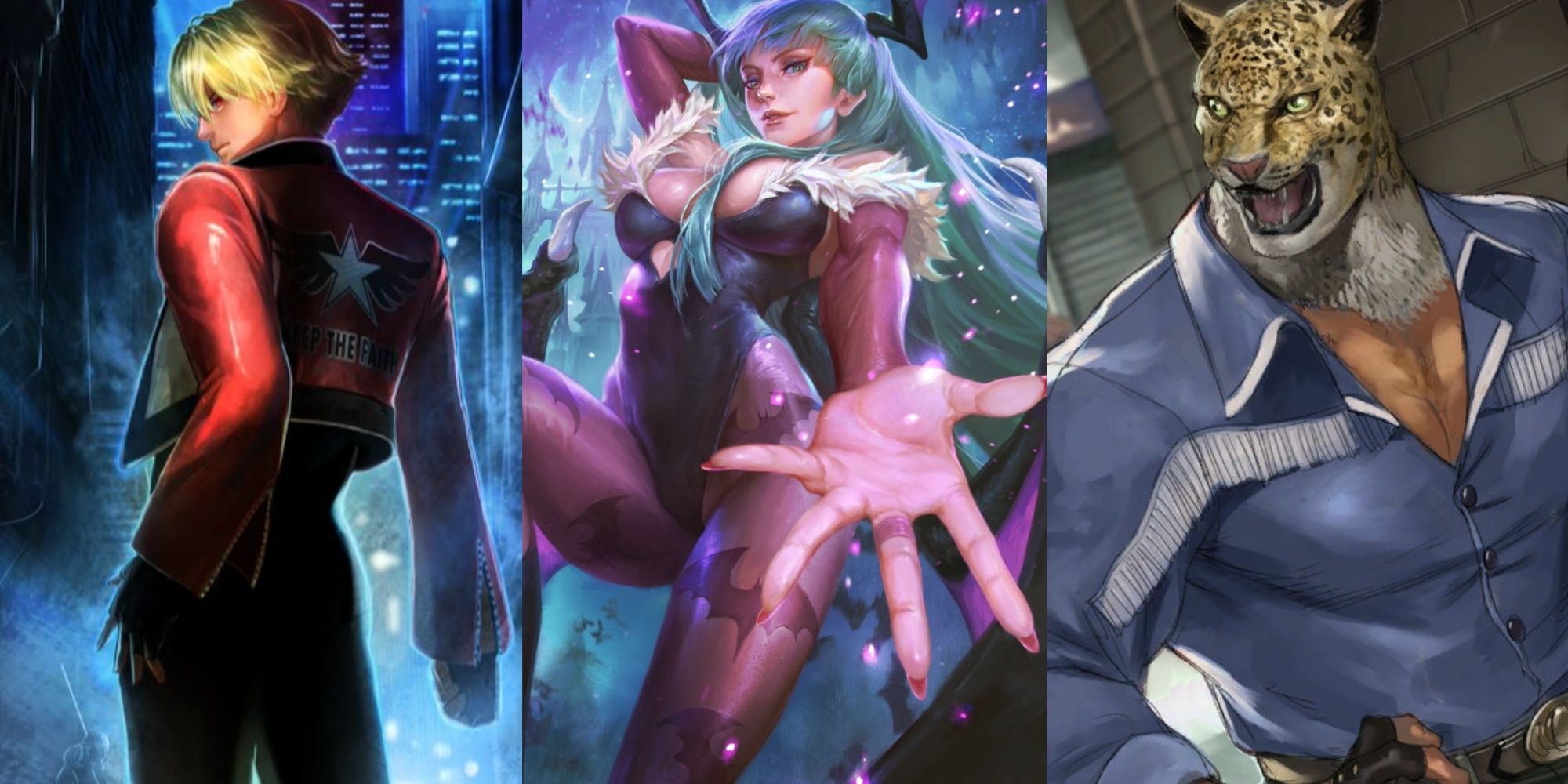 An image showcasing Rock Howard from The King of Fighters, Morrigan from Darkstalkers, and King from Tekken
