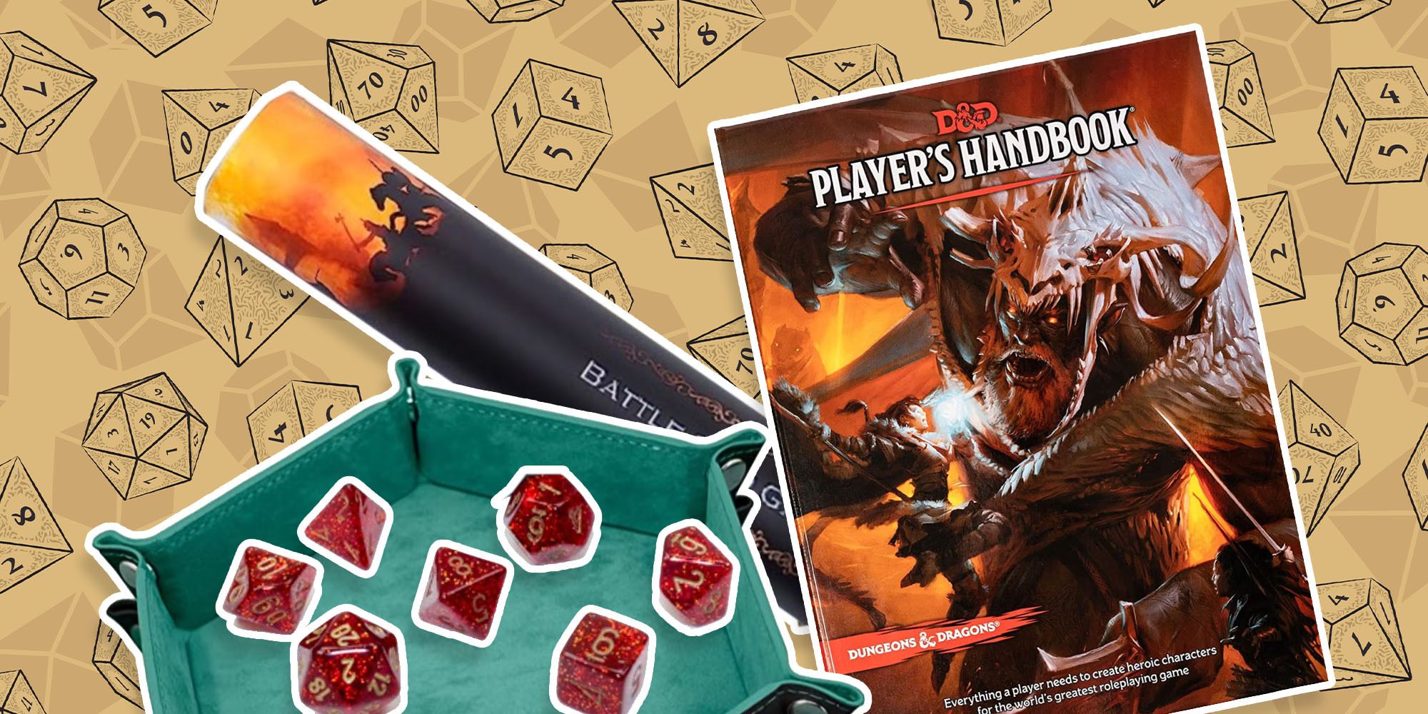 Dice tray, dice, battle mat and Player's Handbook image for d&d