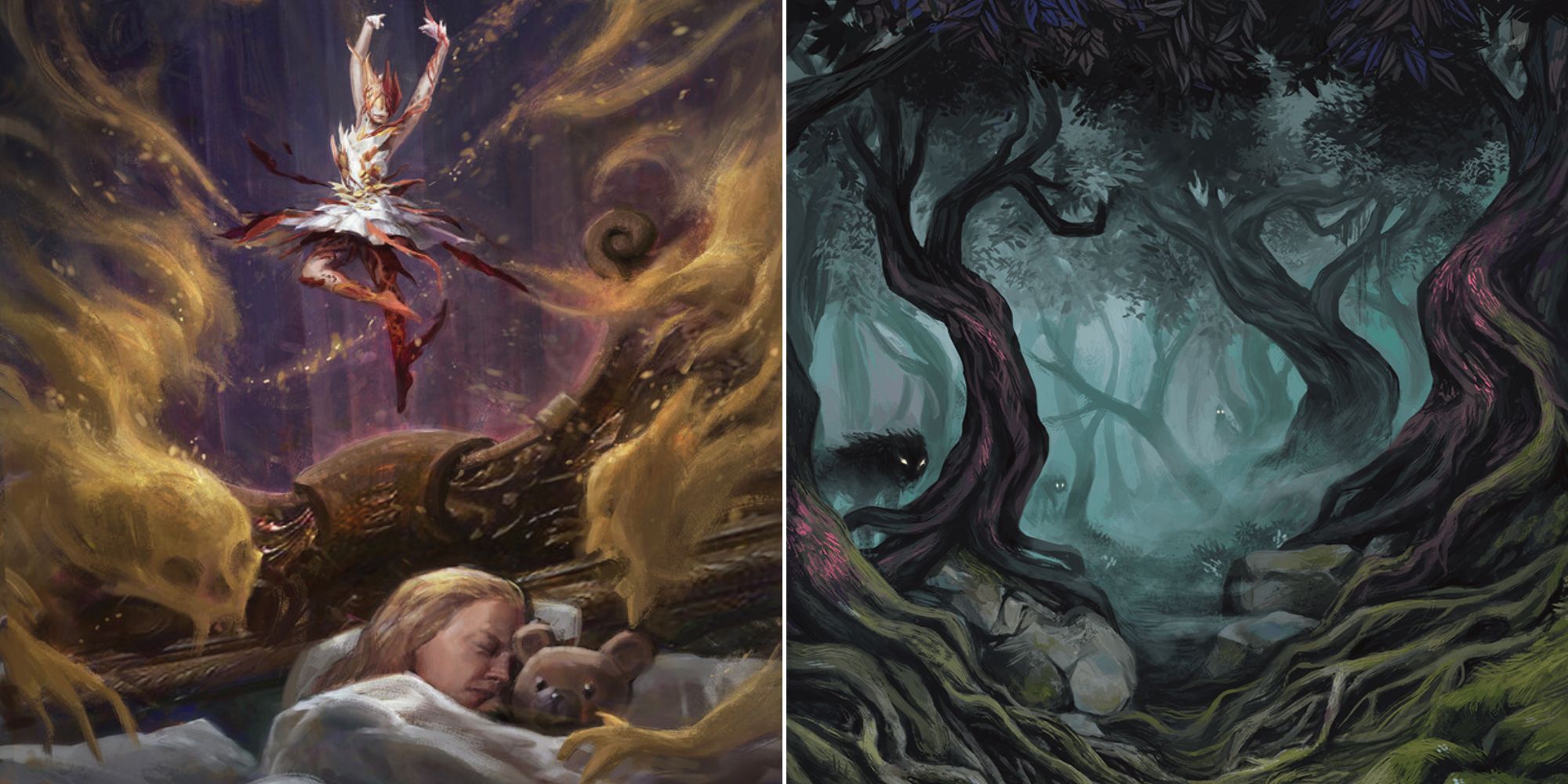 D&D Artwork of A child being haunted by demons and a creepy forest full of monsters lurking in the mist
