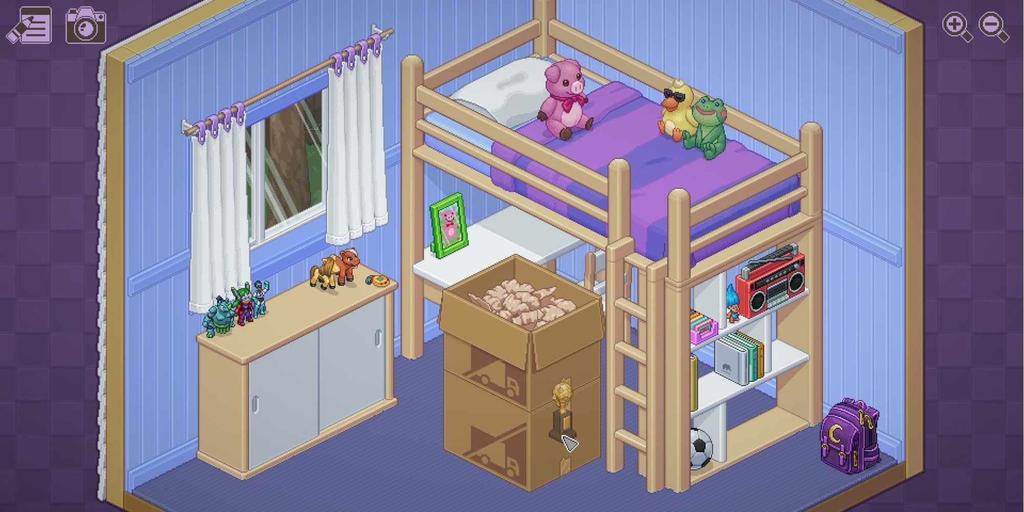 A child's bedroom with various toys and hobby items in Unpacking