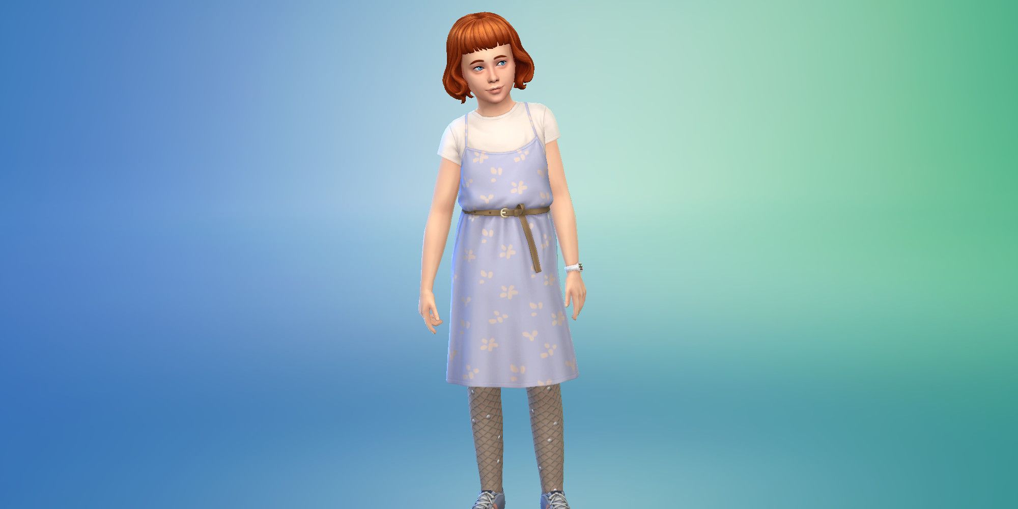 A child Sim from The Sims 4 in a blue-purple dress with a belt and sparkly tights