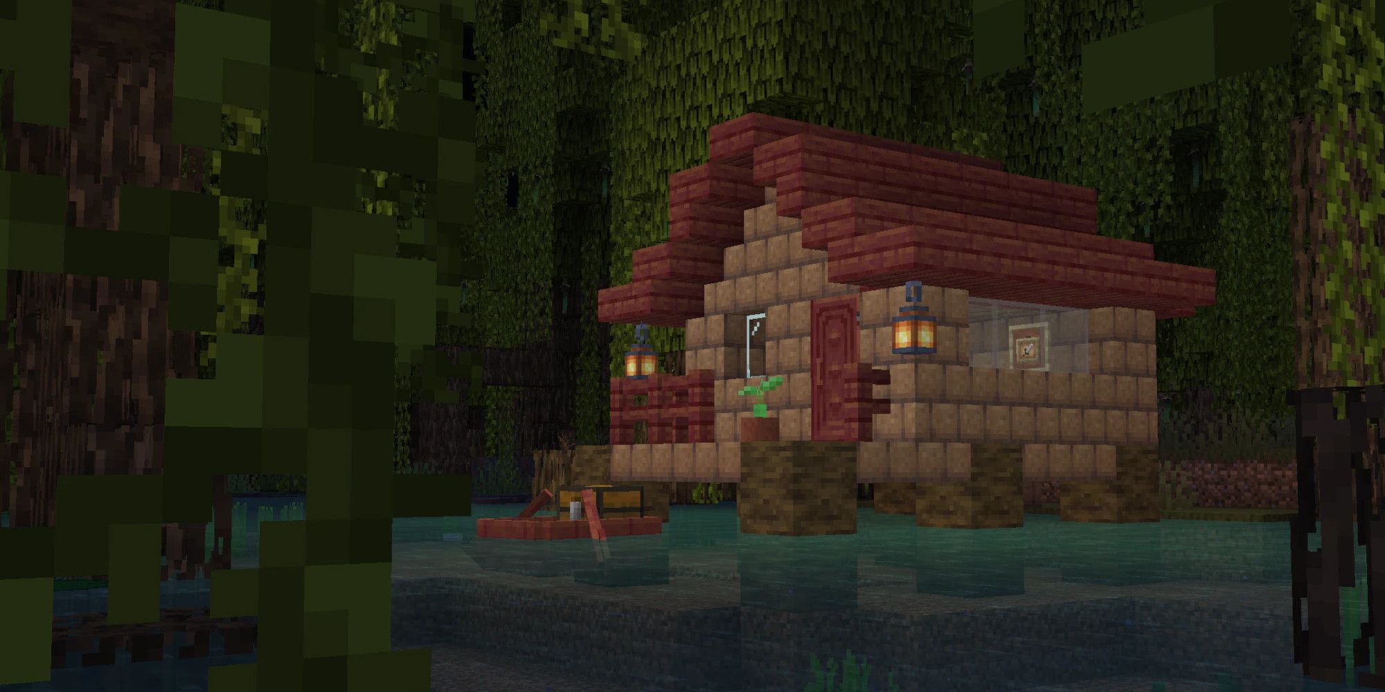 A home in Minecraft on the river in a jungle