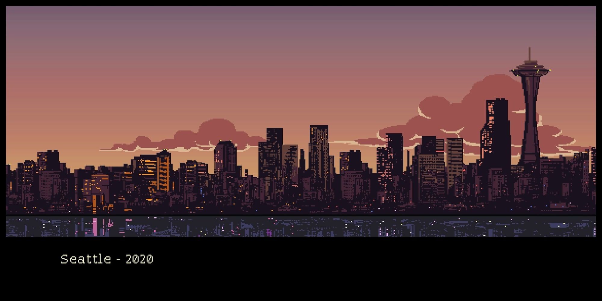 A landscape view of pixelated Seattle set in 2020 in  Coffee Talk