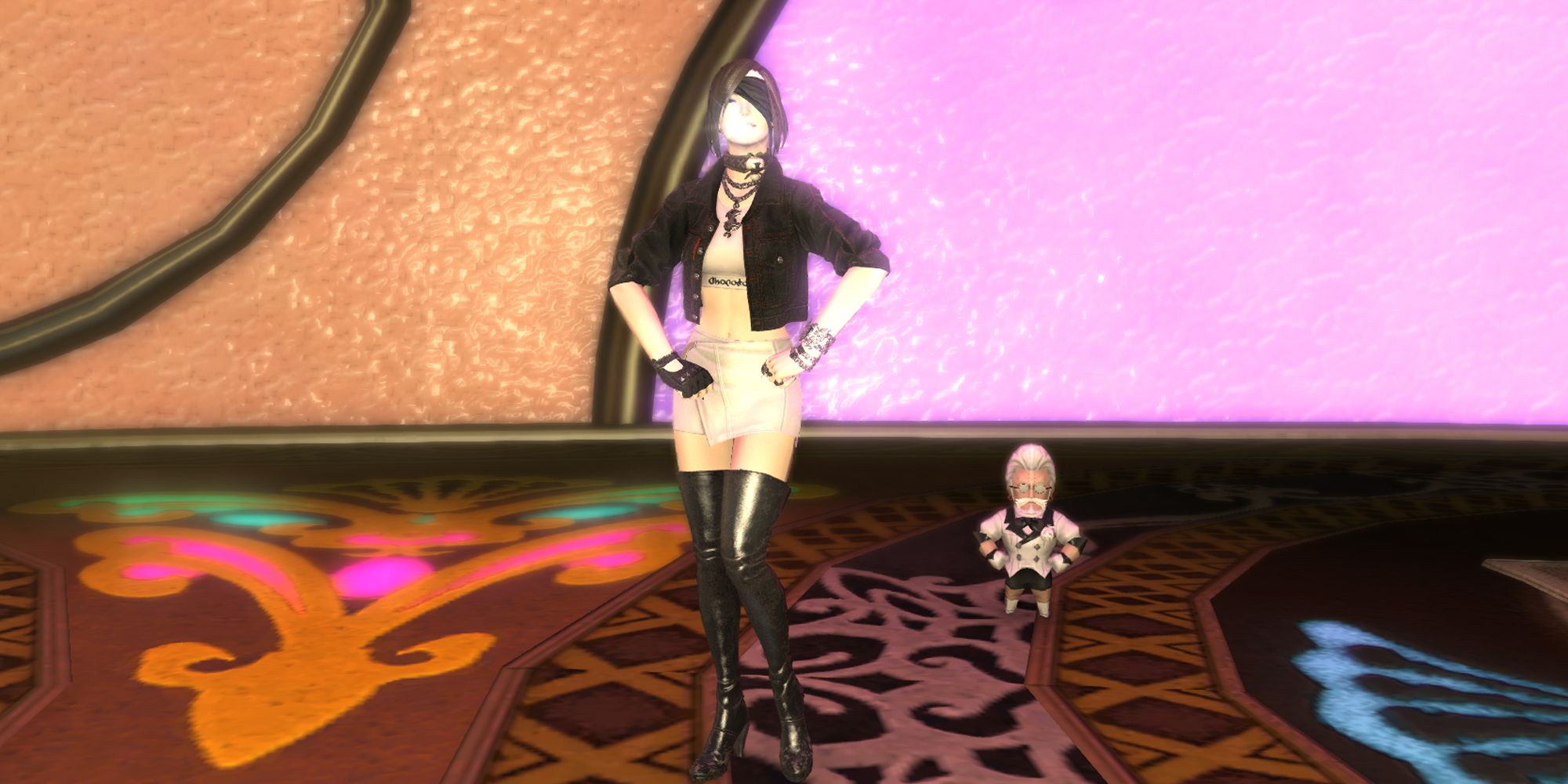 A player posing beside the Godbert minion in Final Fantasy 14.