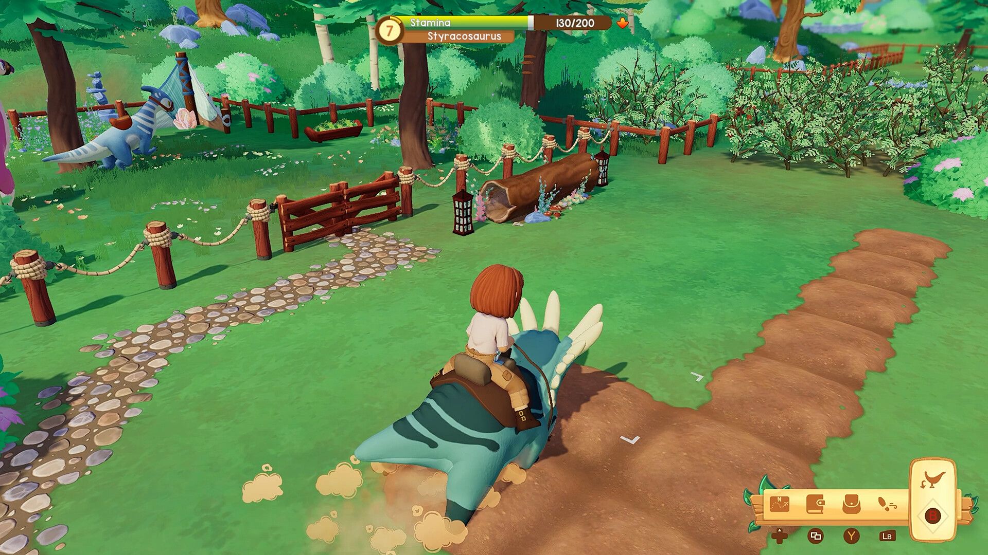 A player using their dinosaur to farm in Paleo Pines.