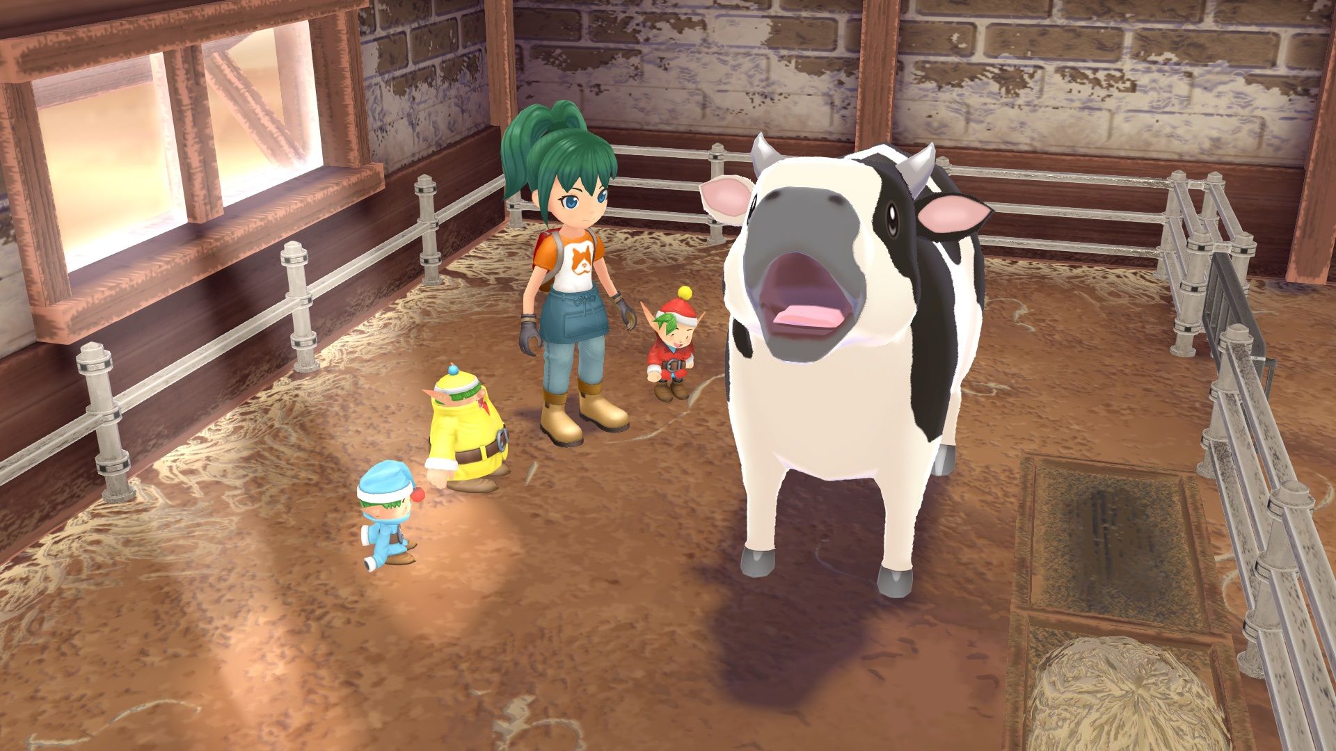 A player with the sprites and a cow in Story of Seasons A Wonderful Life.