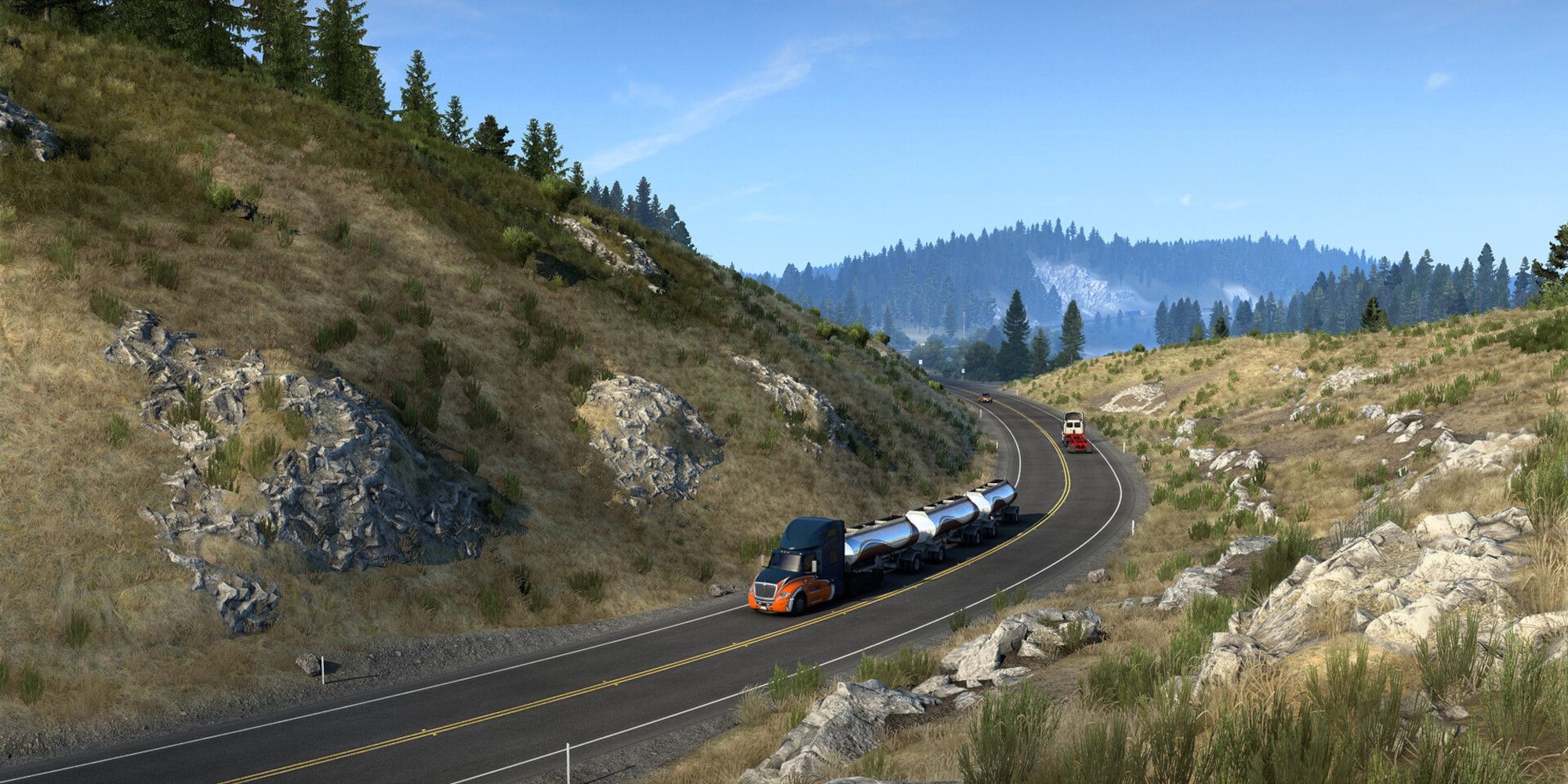 A shot from American Truck Simulator showing a truck going down a mountain road