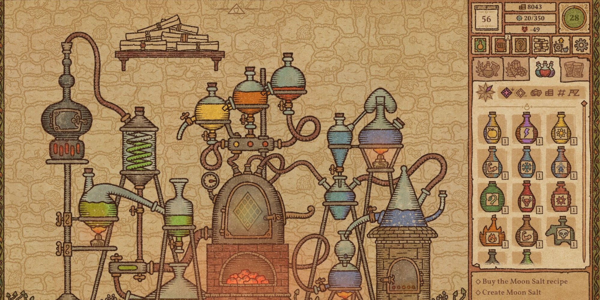 A shot from Potion Craft showing the alchemy set up with various bottles