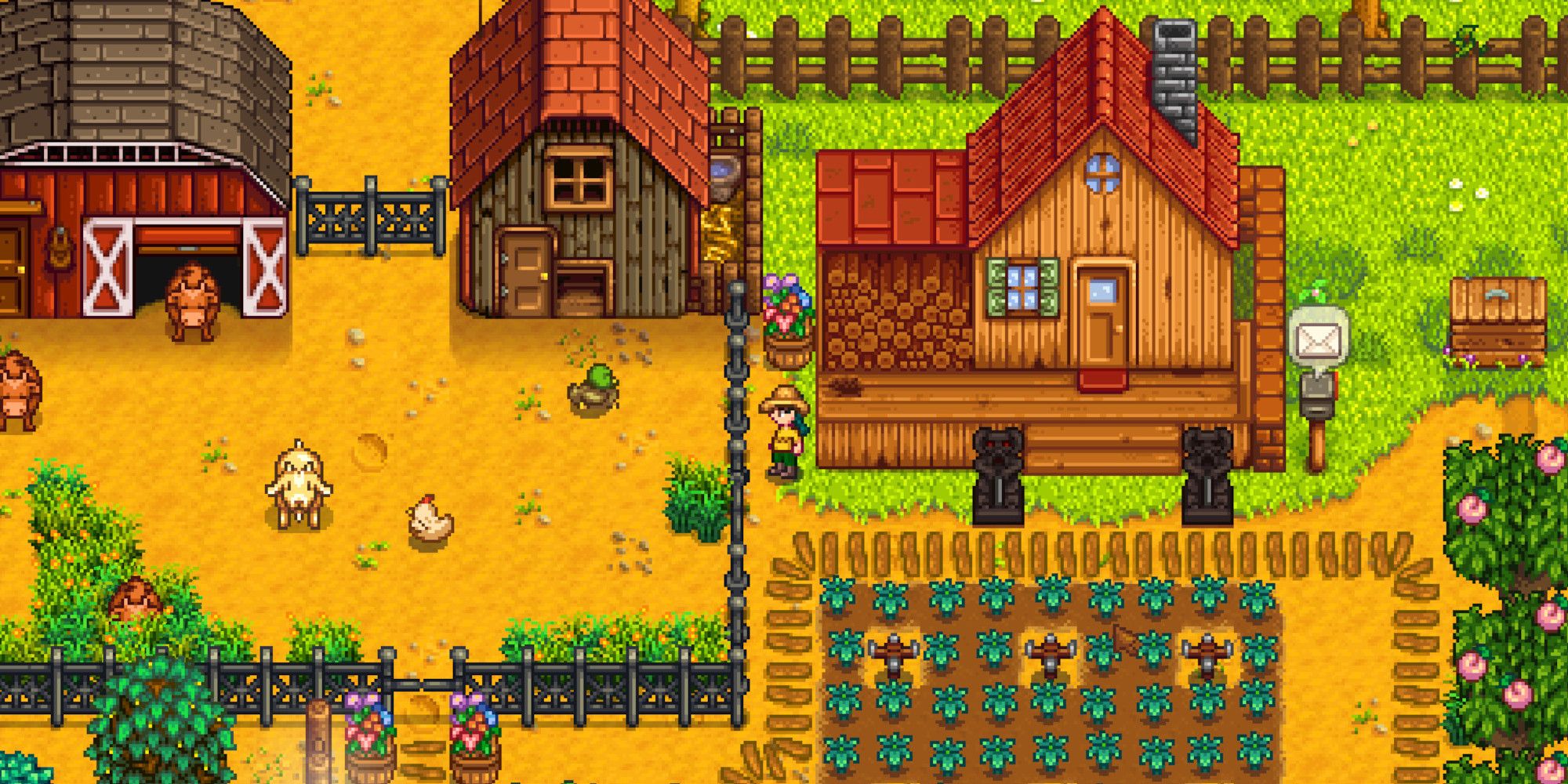 A shot from Stardew Valley showing a farm full of animals and crops