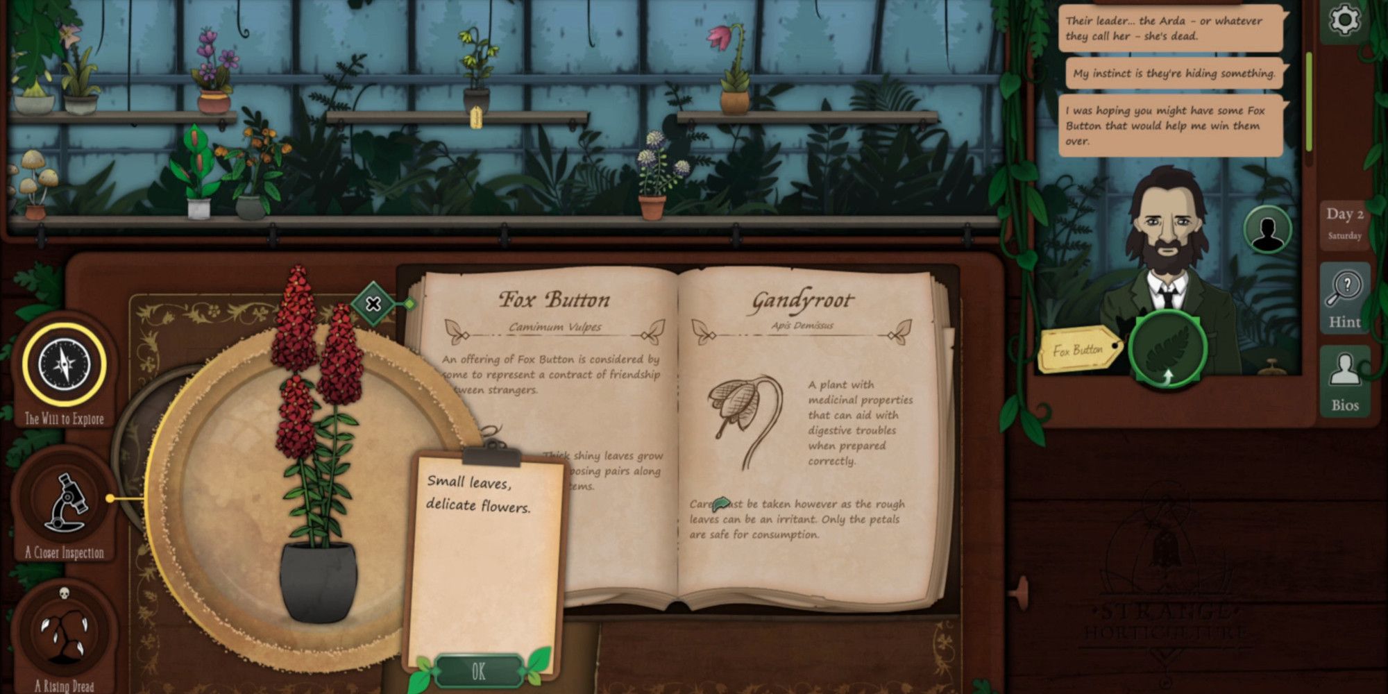 A shot from Strange Horticulture showing a book of plants as well as dialogue with a character