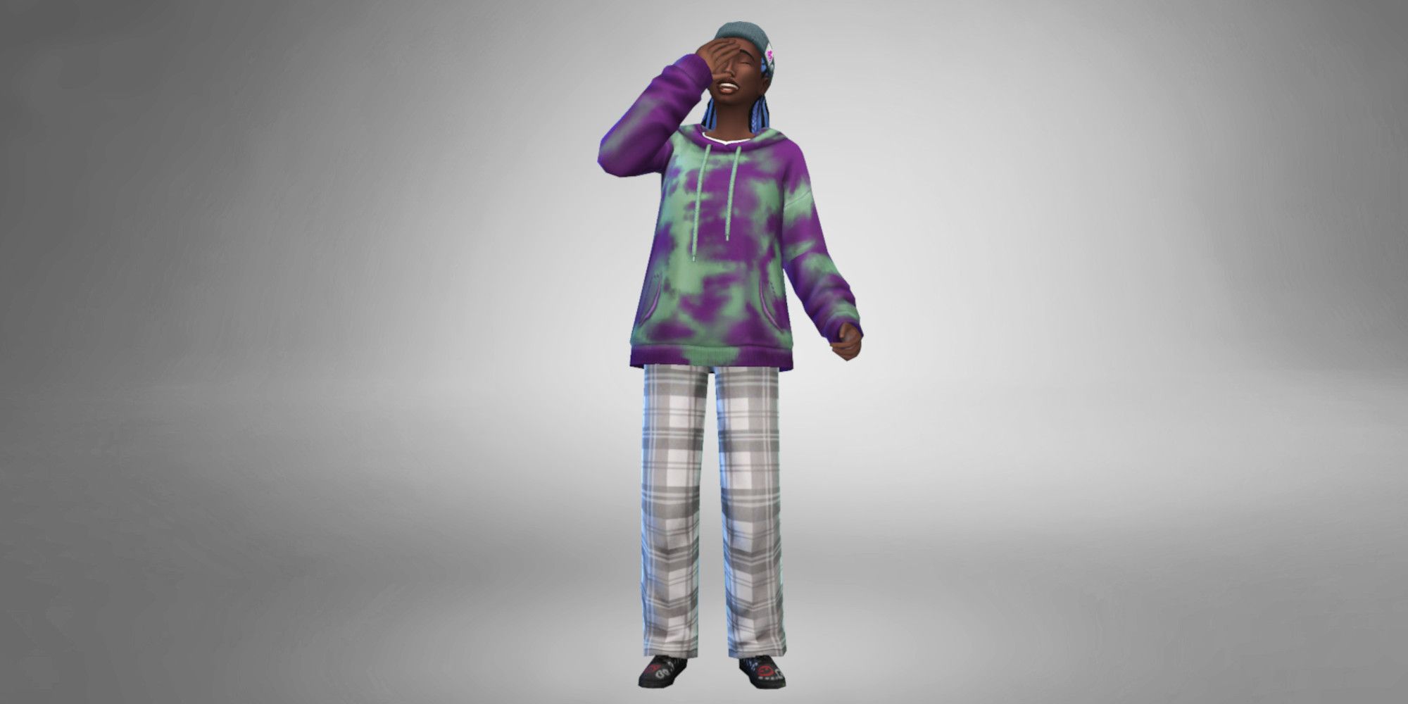 A Sim from The Sims 4 in front of a greyscale background wearing colorful grunge clothes with a tie dye hoodie