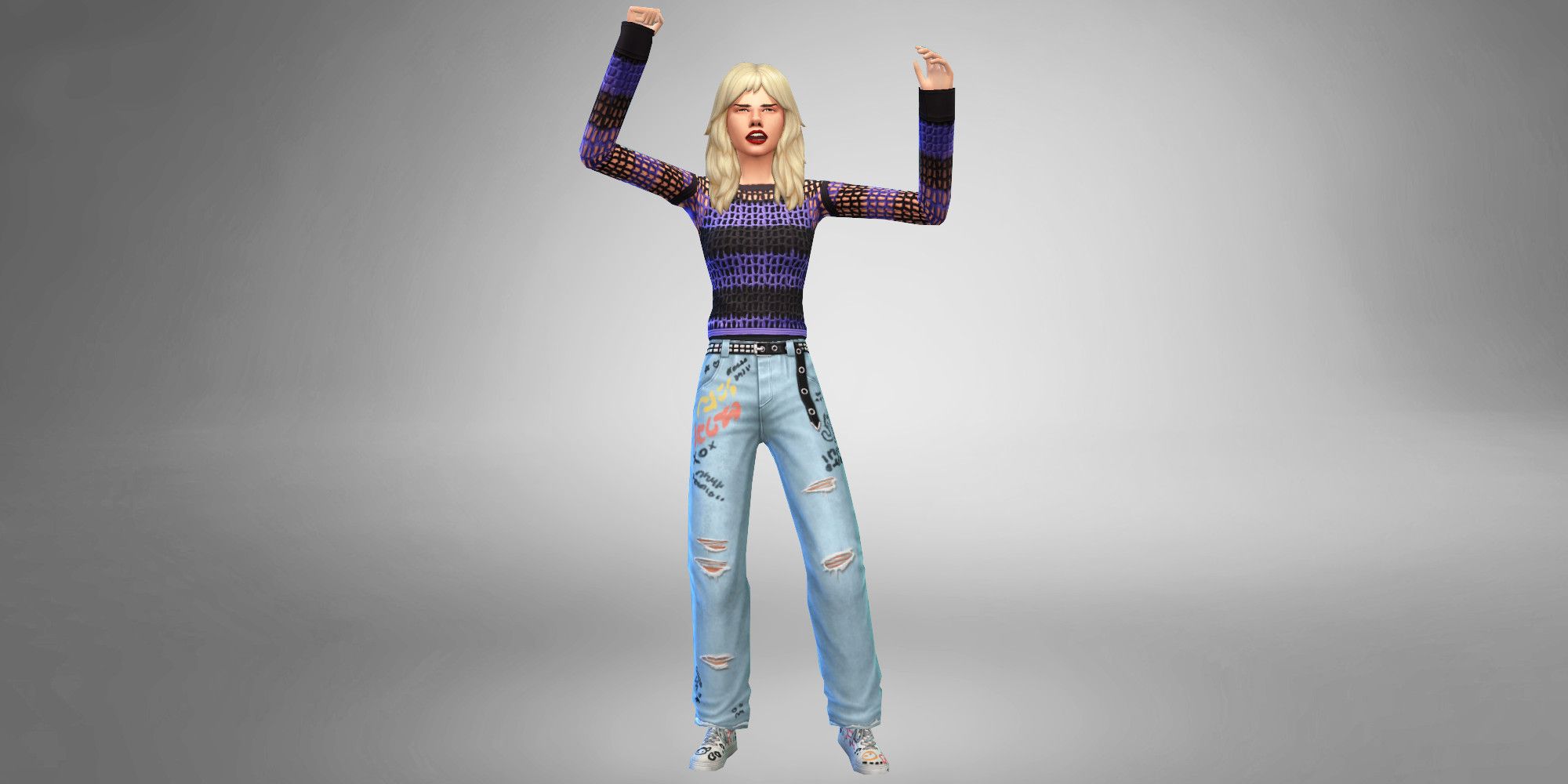 A Sim from The Sims 4 in front of a greyscale background wearing grunge clothes and cheering