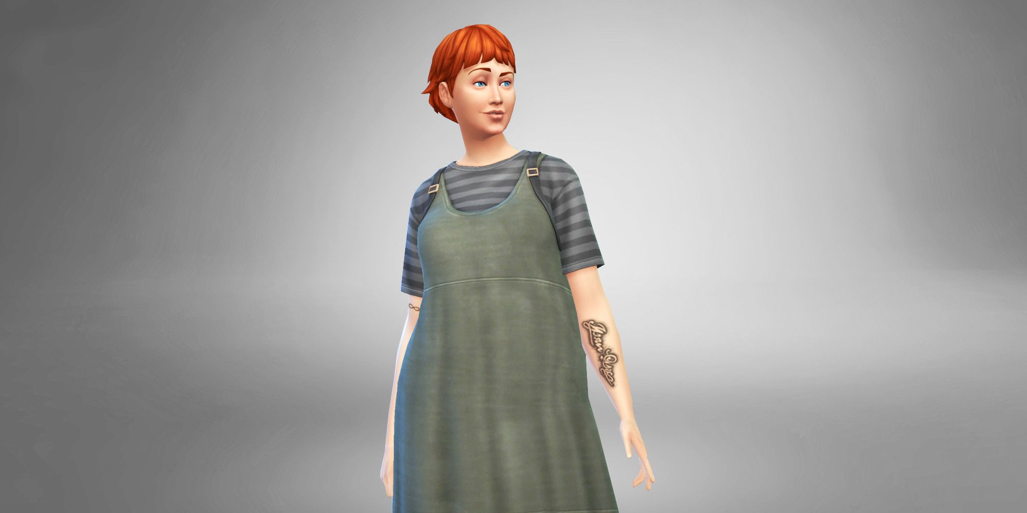 A Sim from The Sims 4 in front of a greyscale background wearing grunge clothes with a Simlish tattoo