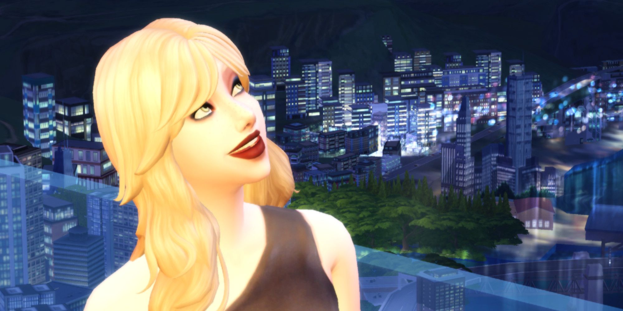 A Sim from The Sims 4 looking up wistfully with a lit up city at night in the background