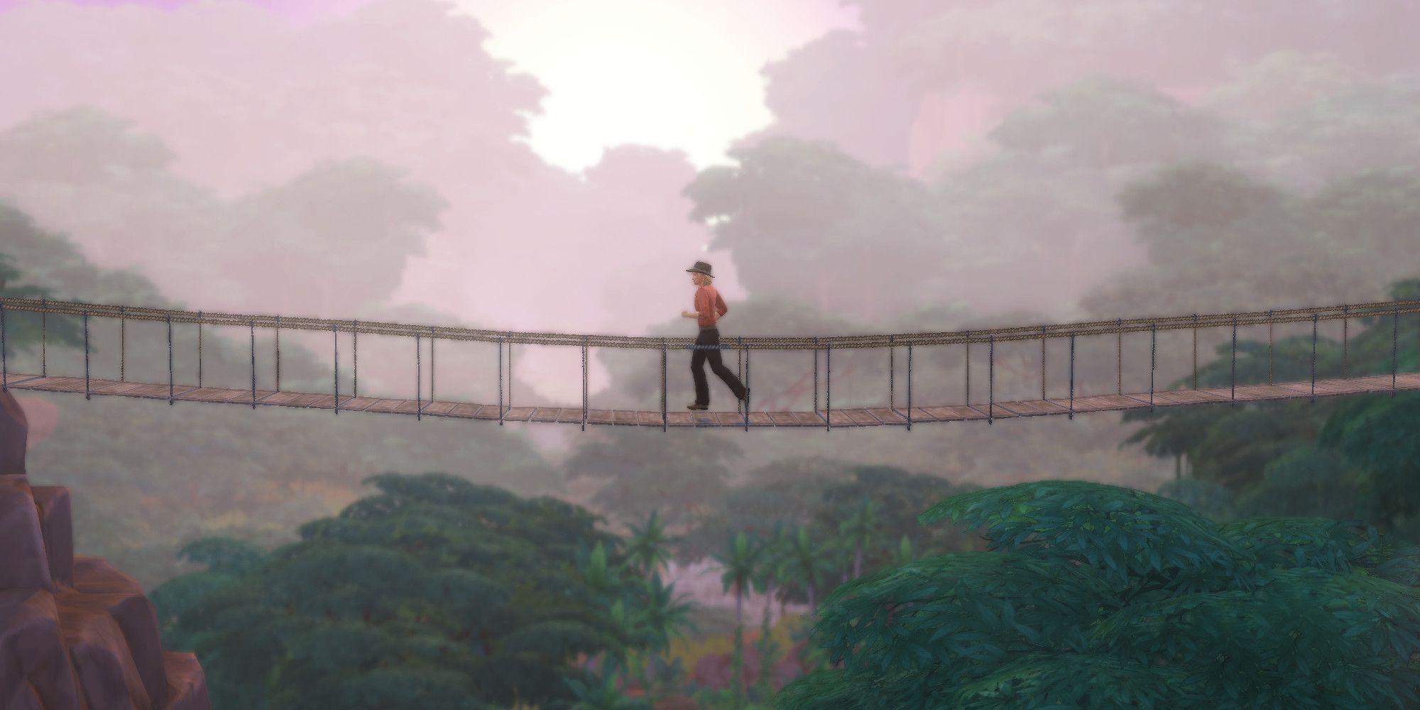 A Sim from The Sims 4 running across a bridge in the jungle