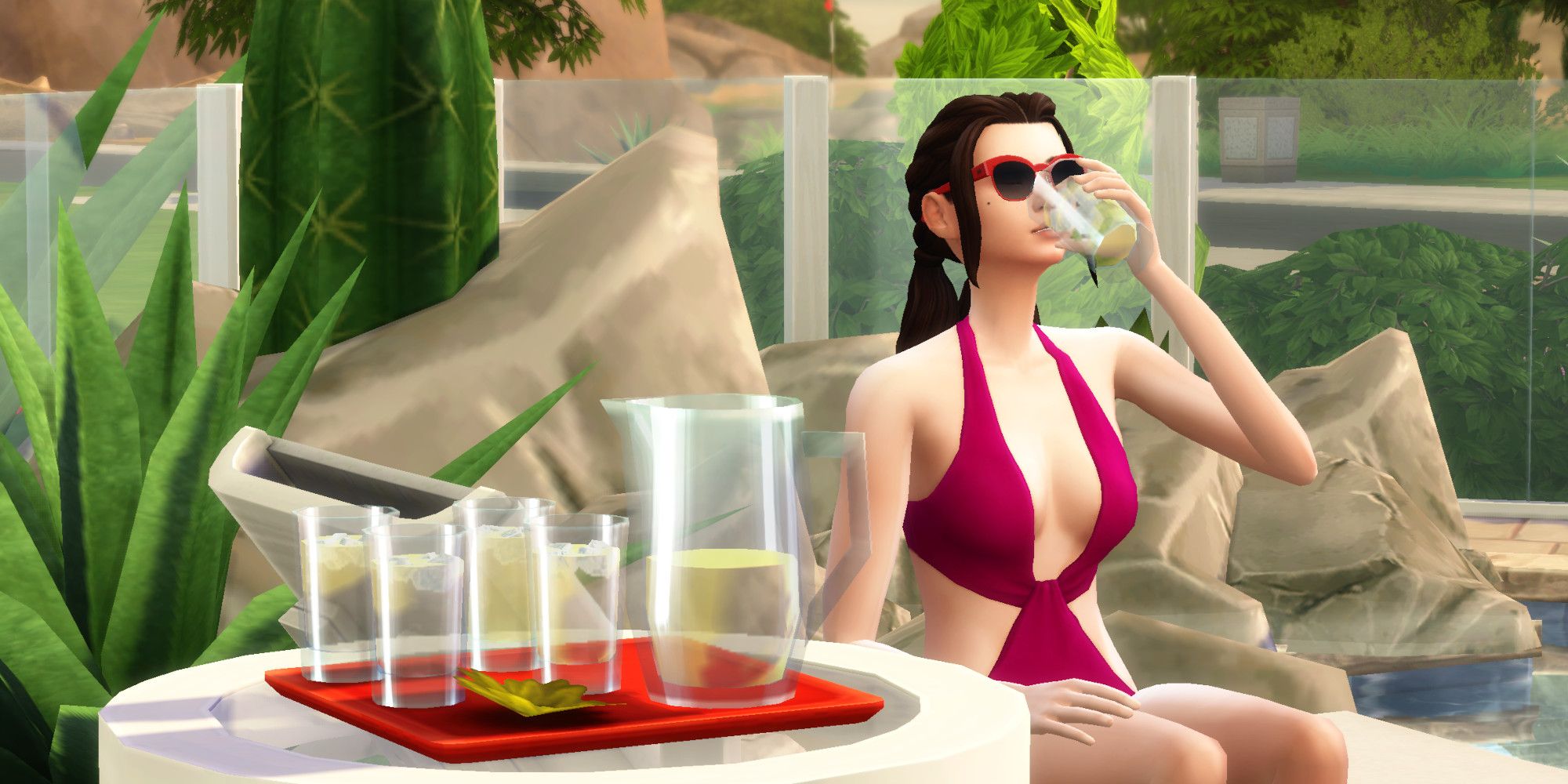 A Sim from The Sims 4 sits on a lounge chair drinking lemonade by a cactus