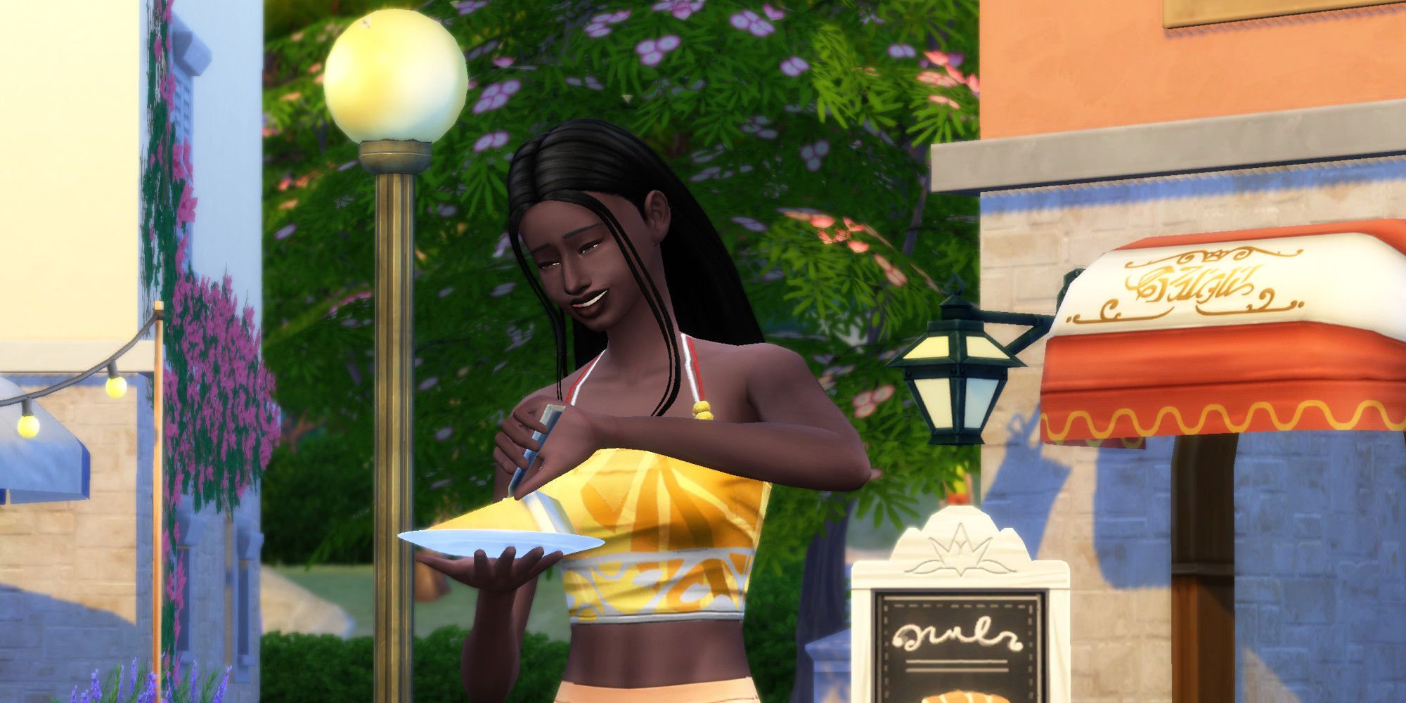 A Sim from The Sims 4 smiling while eating cake